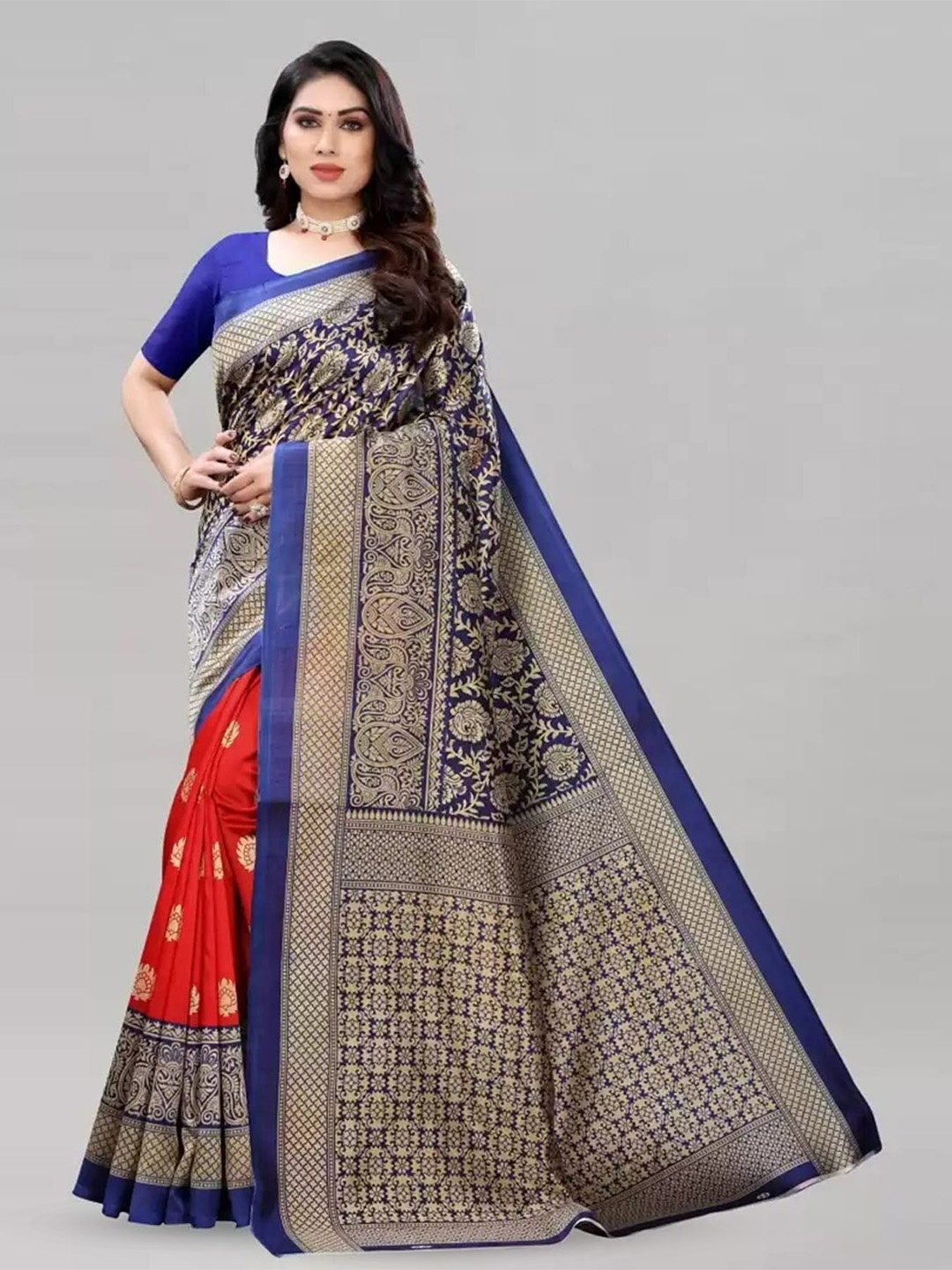 

Mitera Red & Blue Ethnic Motifs Printed Saree
