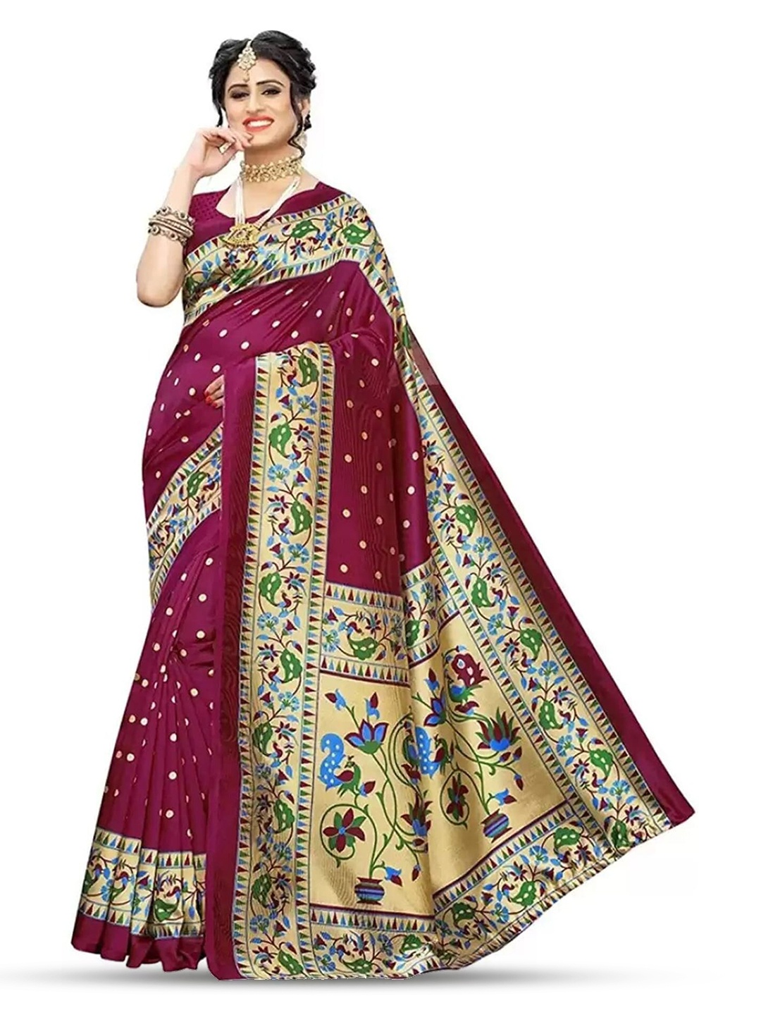 

Mitera Pink & Blue Ethnic Motifs Printed Banarasi Saree