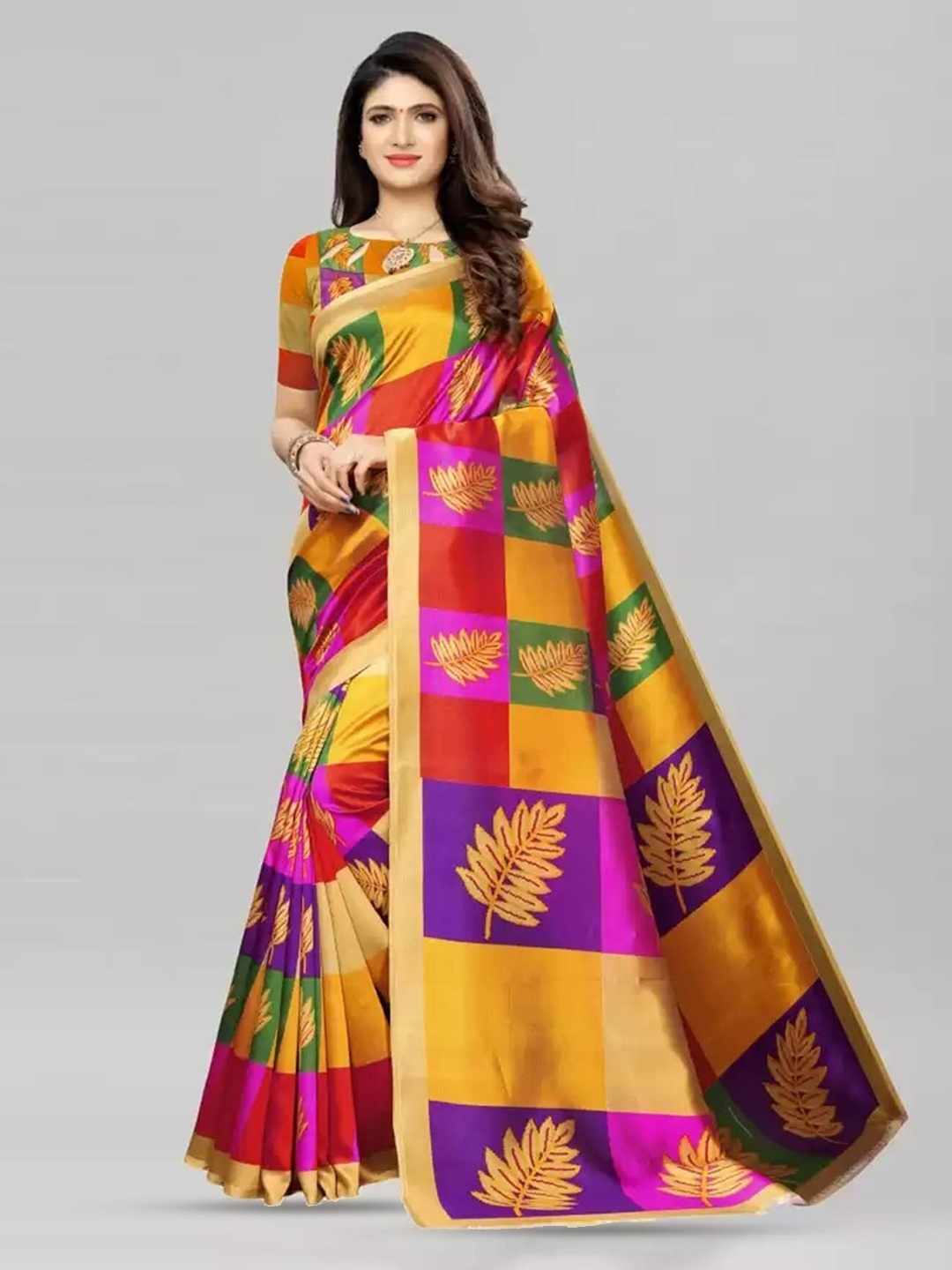 

Mitera Red & Yellow Floral Printed Banarasi Saree