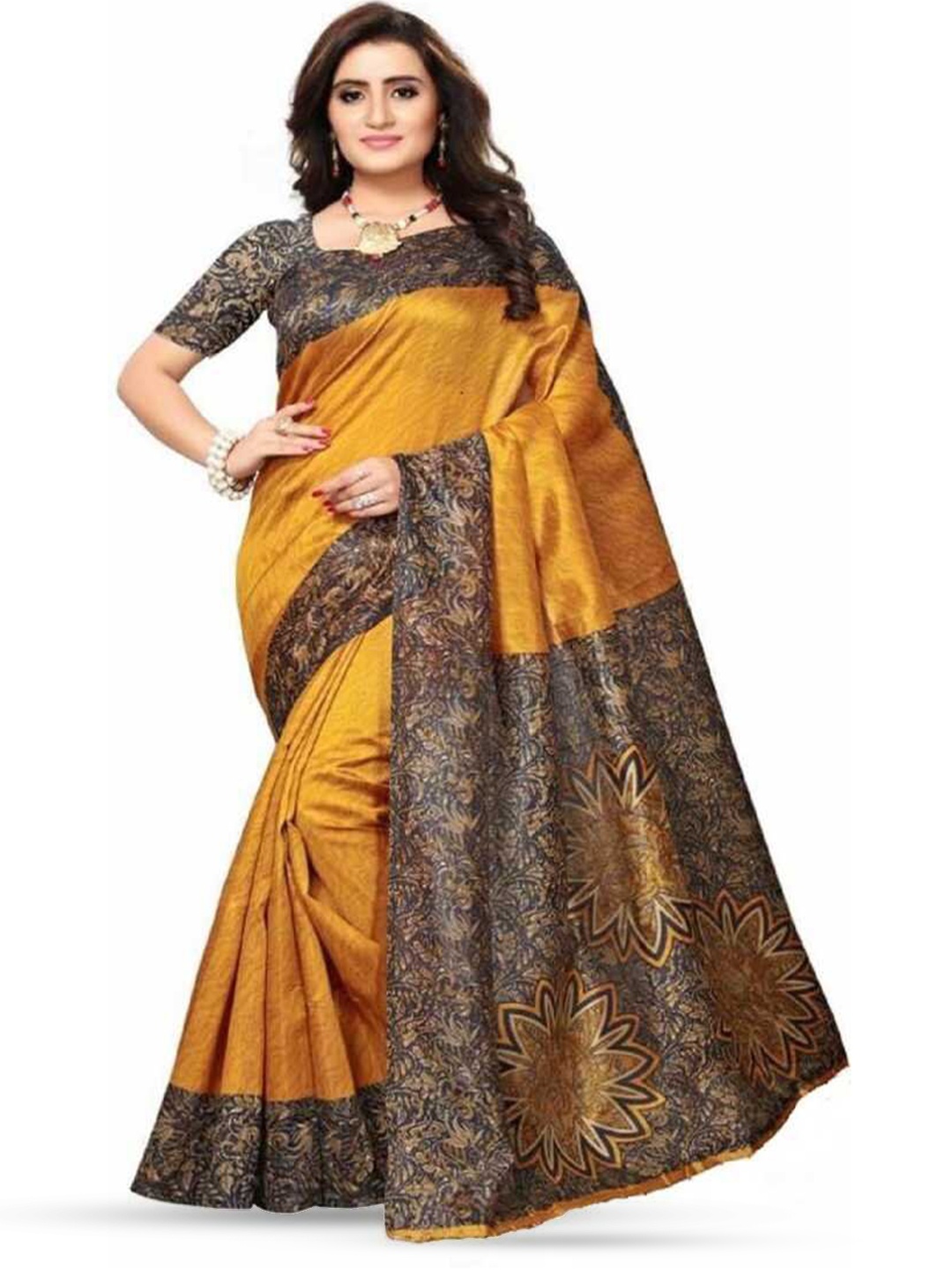 

Mitera Yellow & Black Ethnic Motifs Printed Art Silk Banarasi Saree