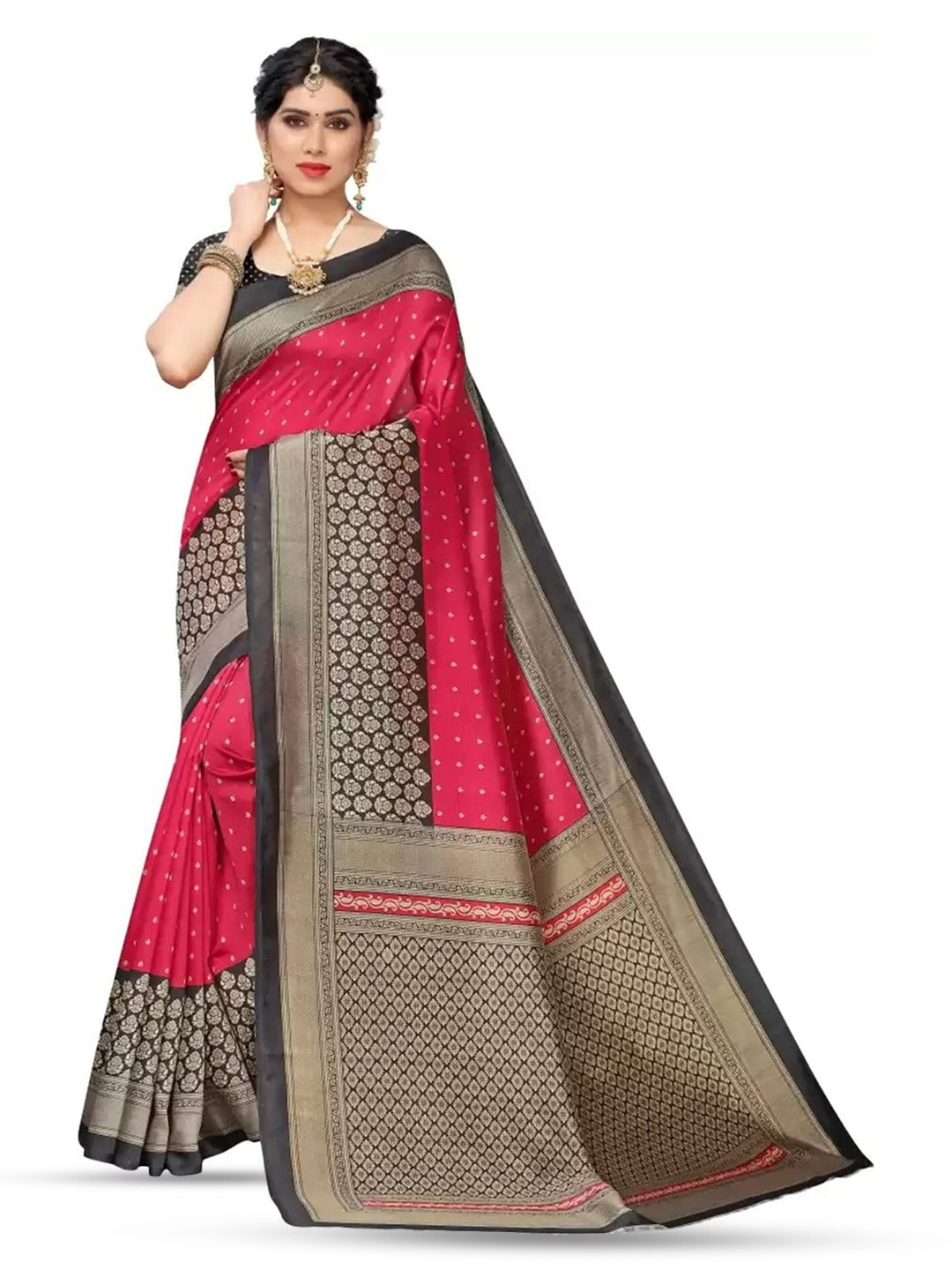 

Mitera Red & Black Ethnic Motifs Printed Art Silk Banarasi Saree