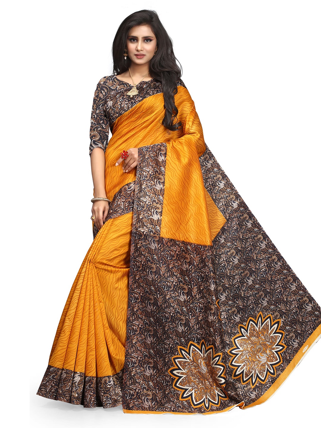 

Mitera Mustard & Black Abstract Printed Saree