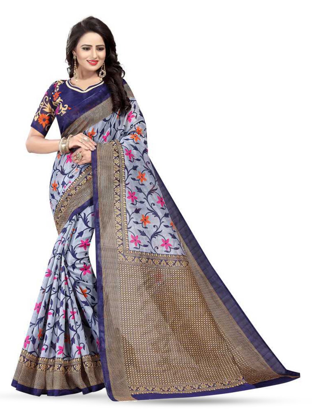 

Mitera Grey & Red Floral Printed Saree