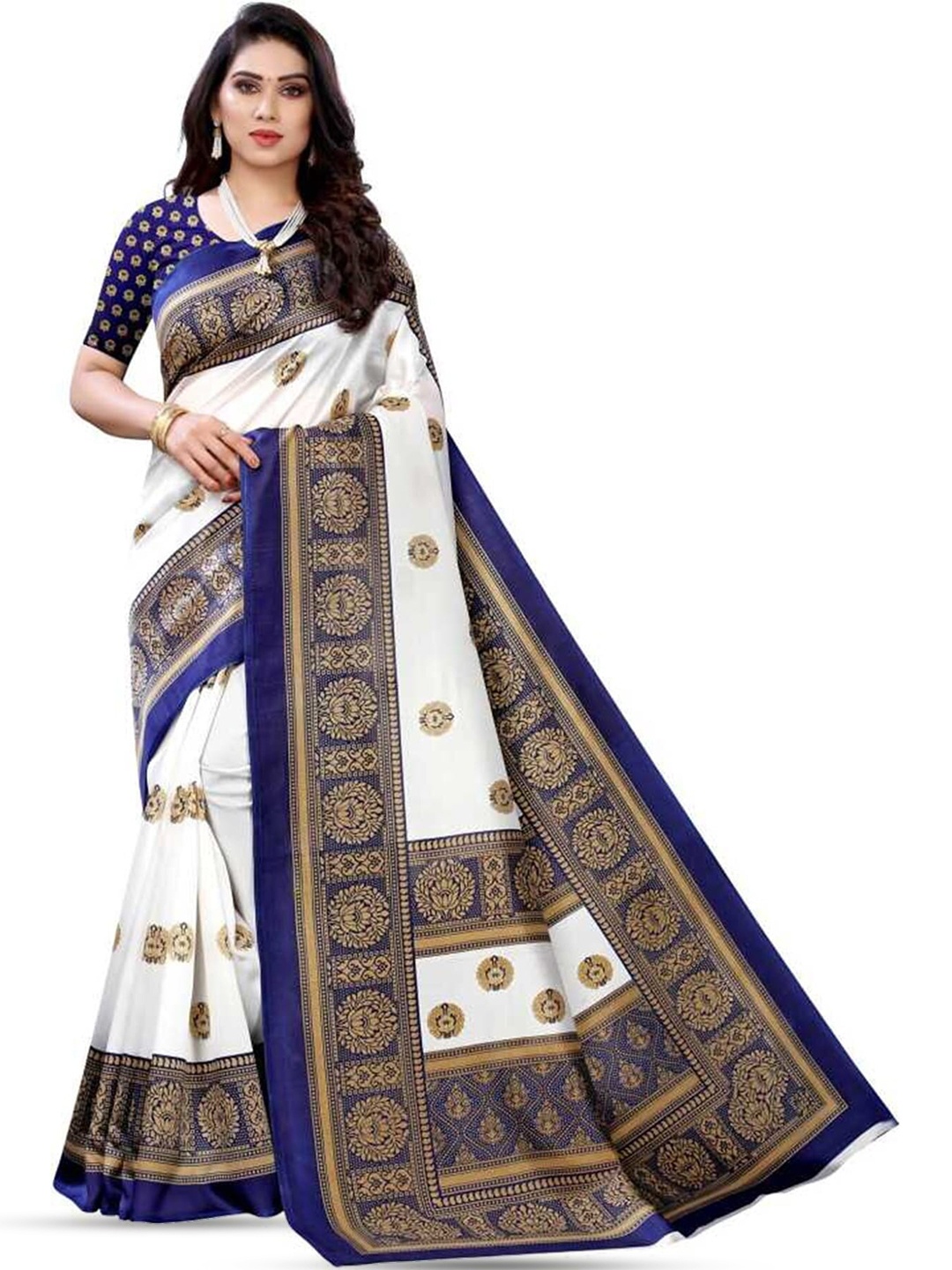 

Mitera Blue & White Ethnic Motifs Printed Banarasi Saree
