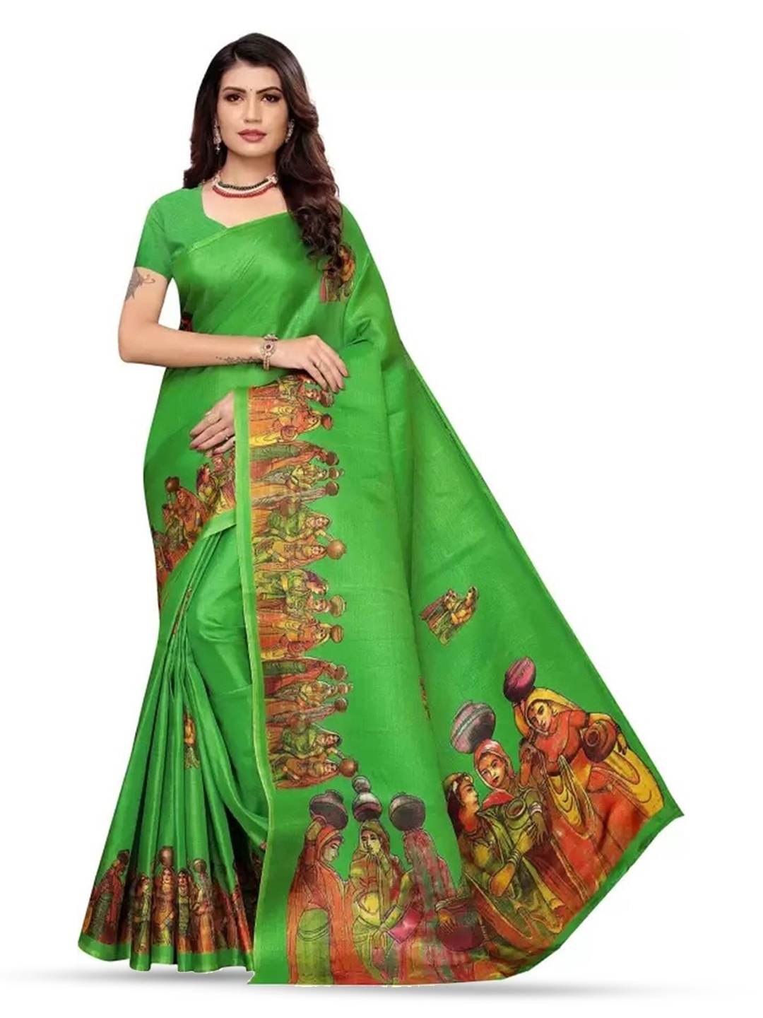 

Mitera Green & Orange-Coloured Ethnic Motifs Printed Banarasi Saree
