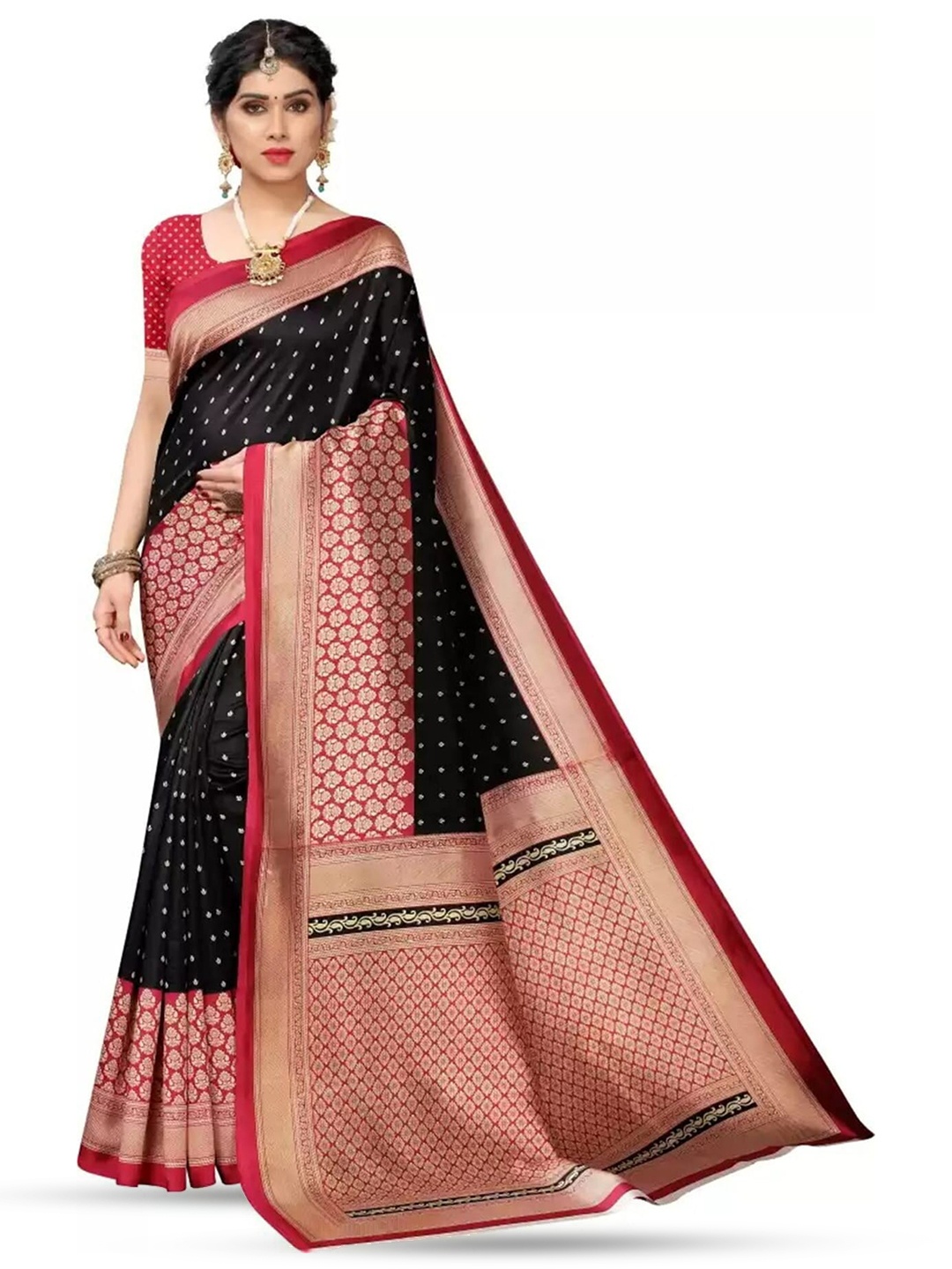 

Mitera Black & Red Ethnic Motifs Printed Art Silk Banarasi Saree