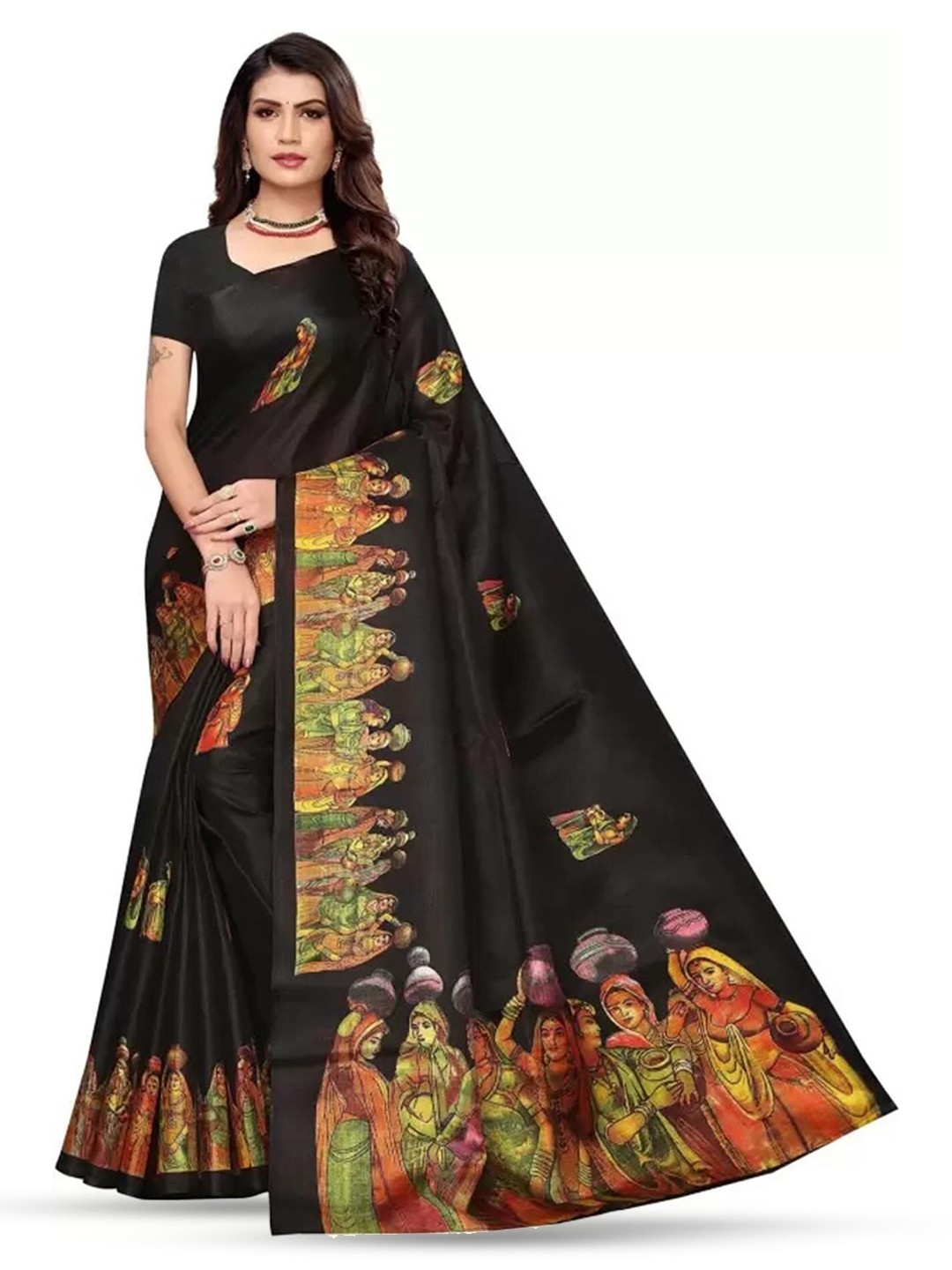 

Mitera Black & Orange Ethnic Motifs Printed Art Silk Banarasi Saree