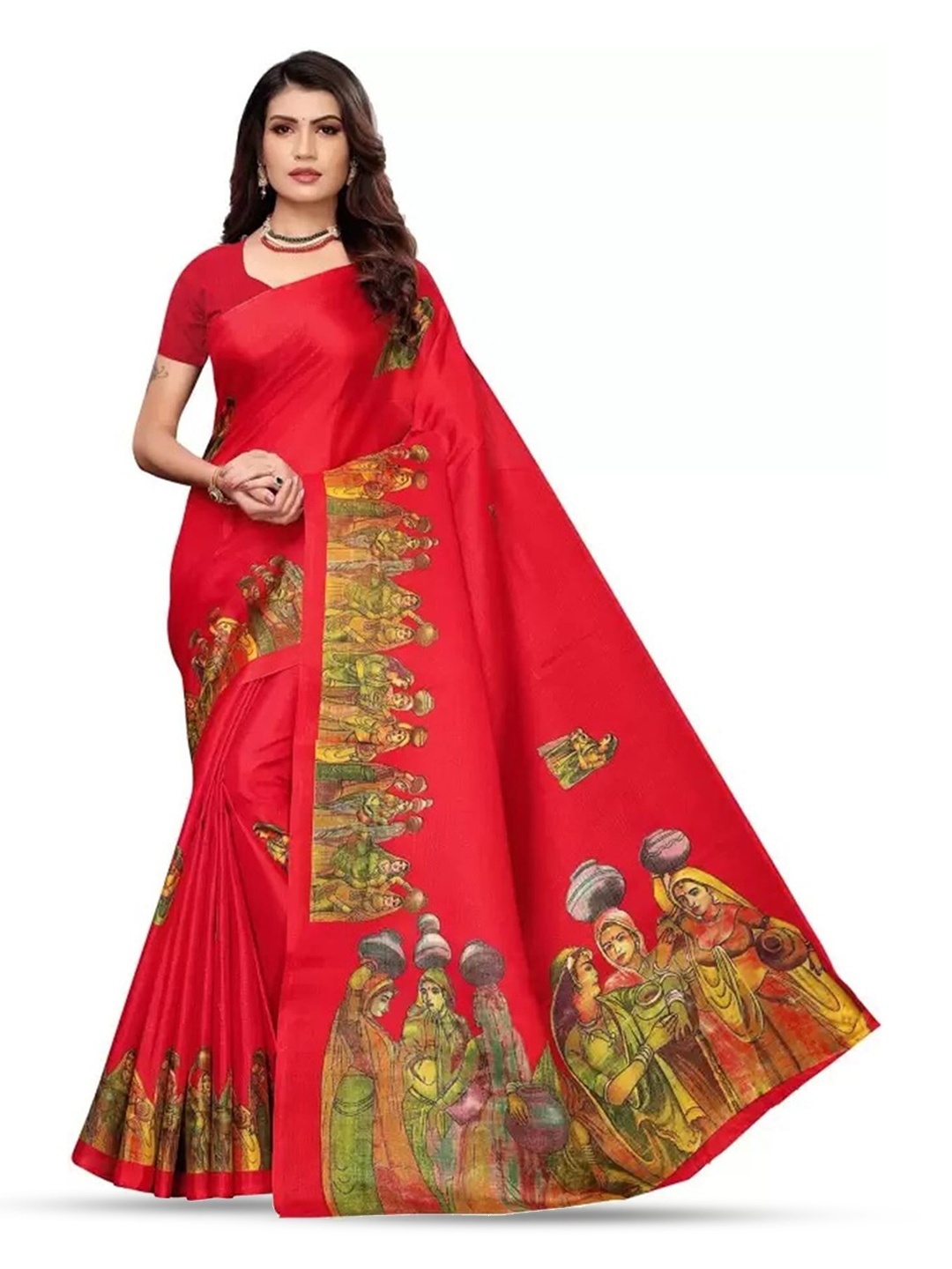 

Mitera Red & Green Ethnic Motifs Embroidered Saree