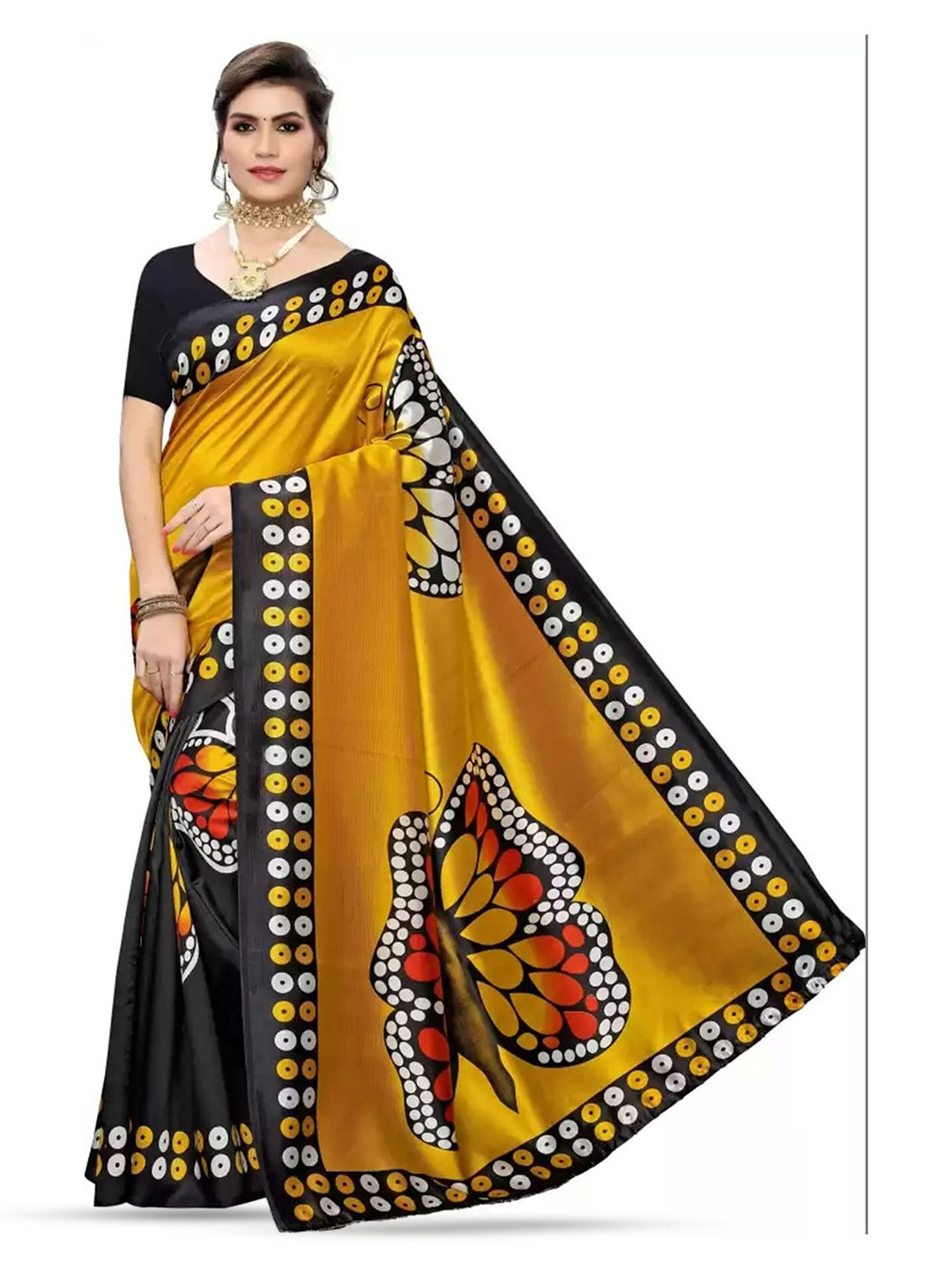 

Mitera Ethnic Motifs Printed Art Silk Saree, Black
