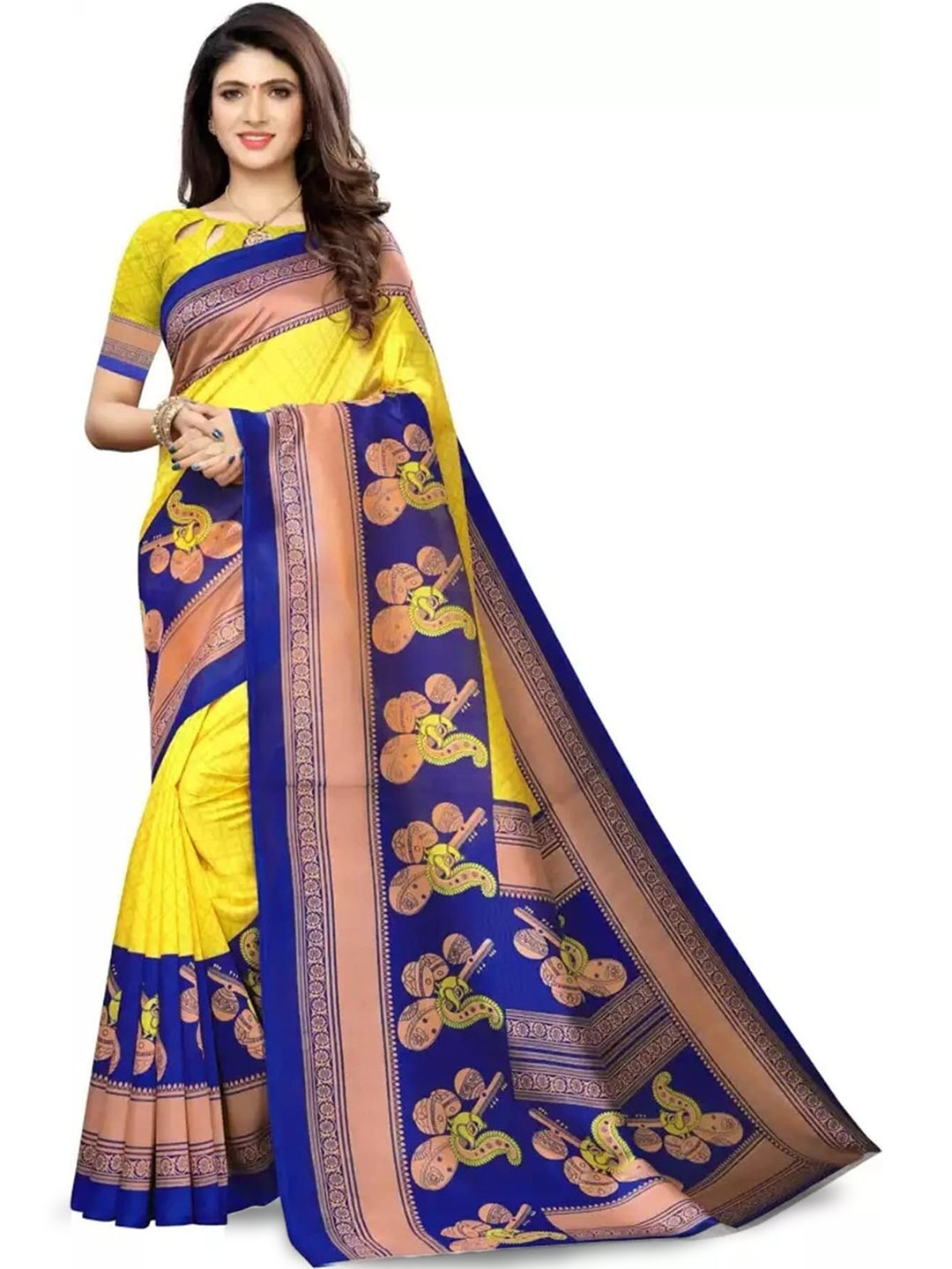 

Mitera Ethnic Motifs Printed Art Silk Saree, Yellow