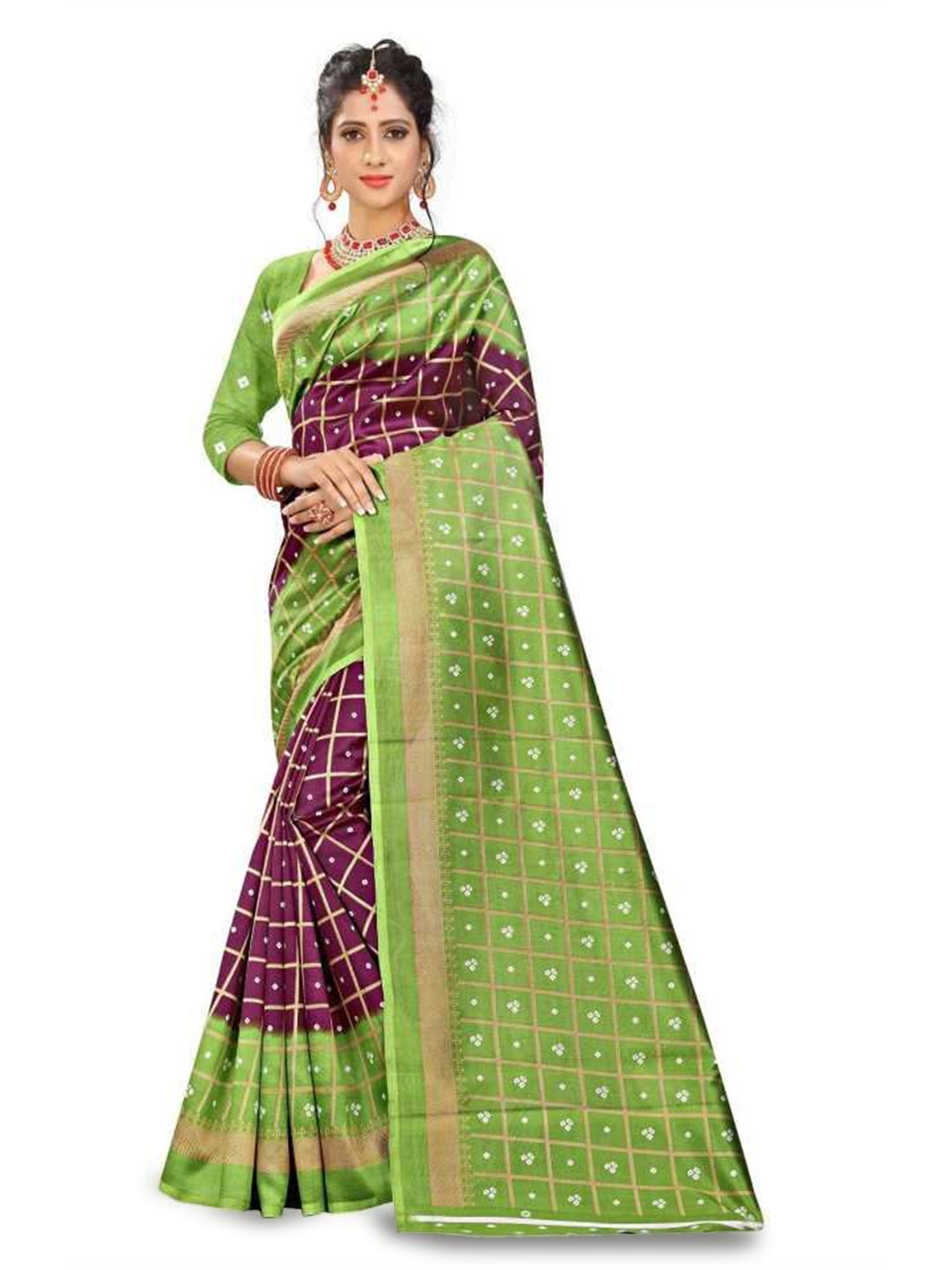 

Mitera Purple & Green Checked Art Silk Banarasi Saree