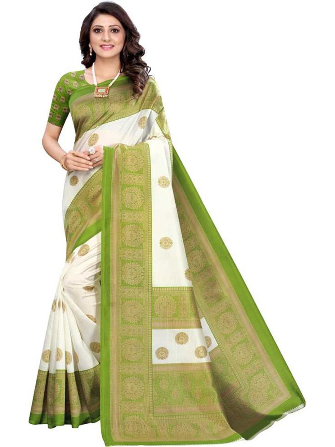 

Mitera White & Green Ethnic Motifs Printed Saree