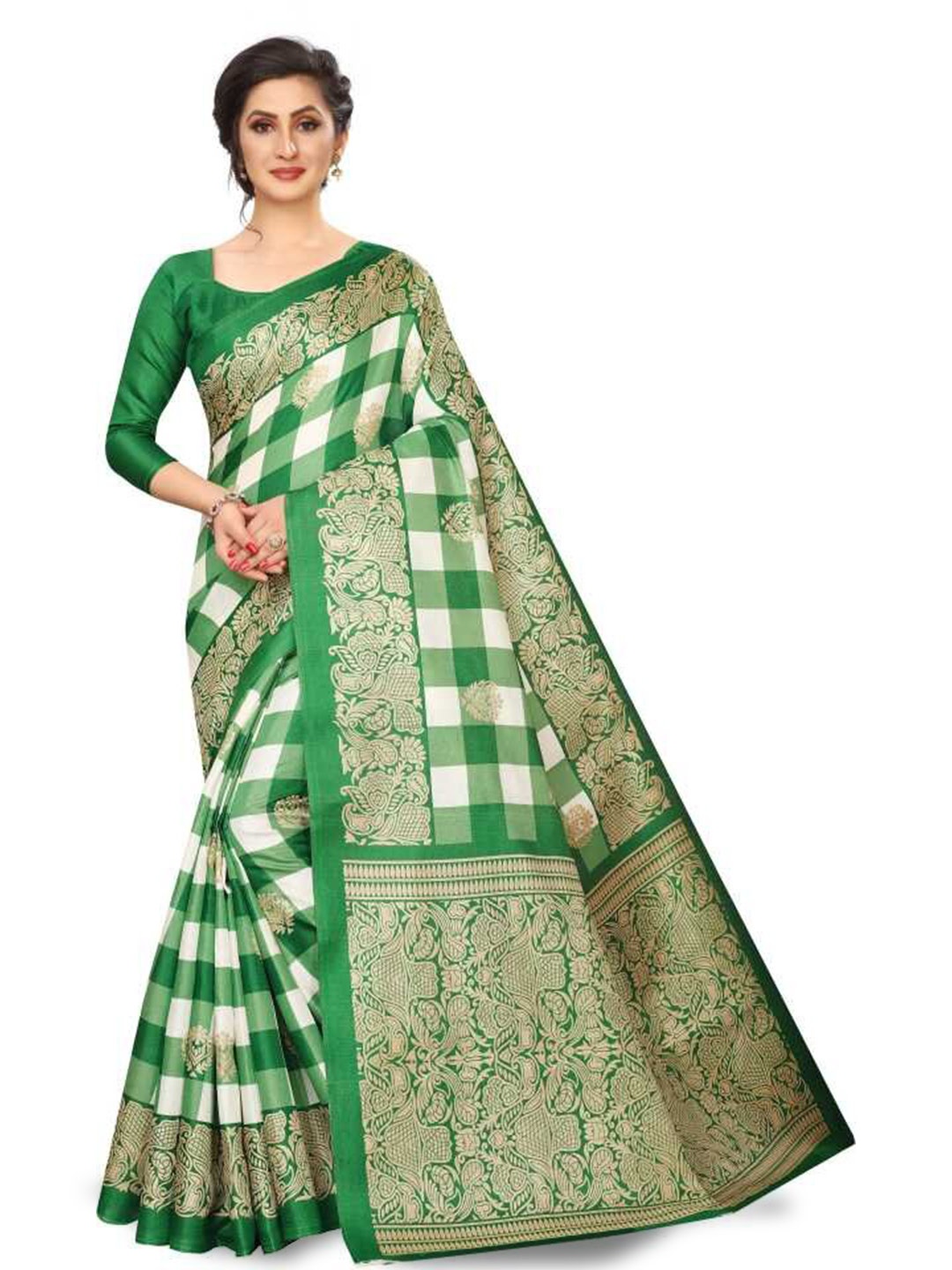 

Mitera Green & White Checked Art Silk Banarasi Saree