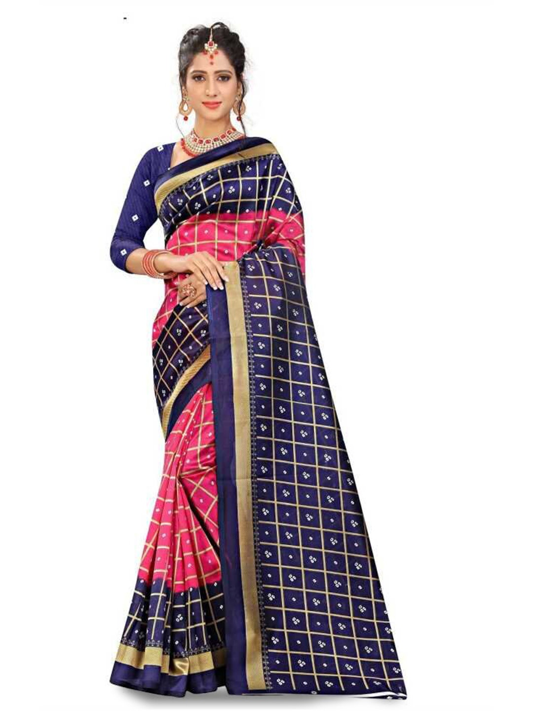 

Mitera Pink & Blue Checked Embellished Saree