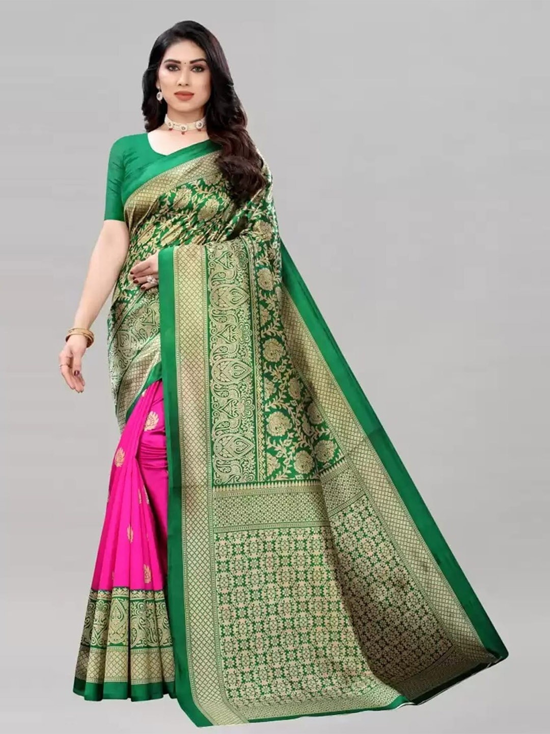 

Mitera Green & Pink Ethnic Motifs Printed Saree