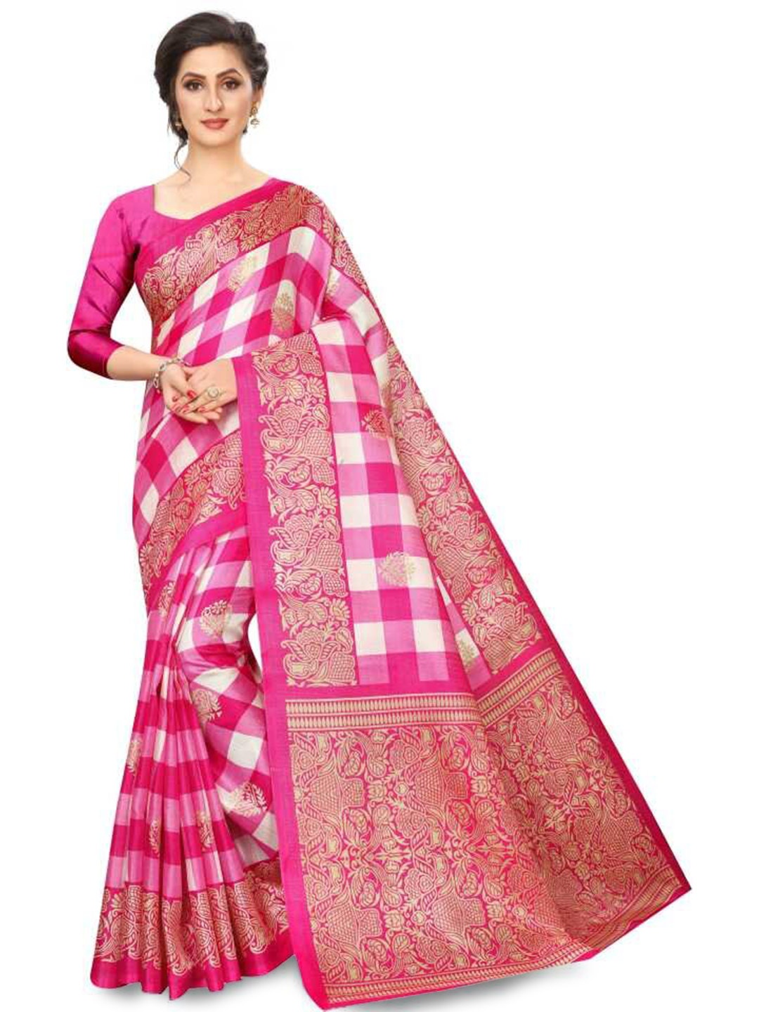 

Mitera Pink & White Checked Art Silk Saree