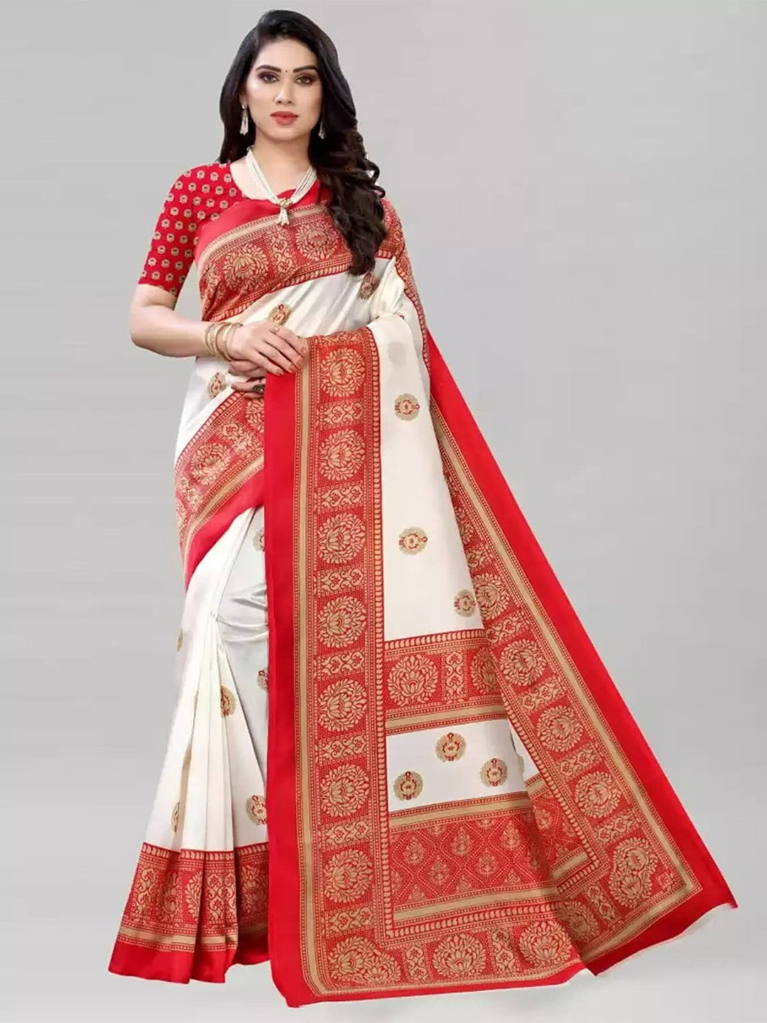 

Mitera White & Red Ethnic Motifs Printed Art Silk Banarasi Saree