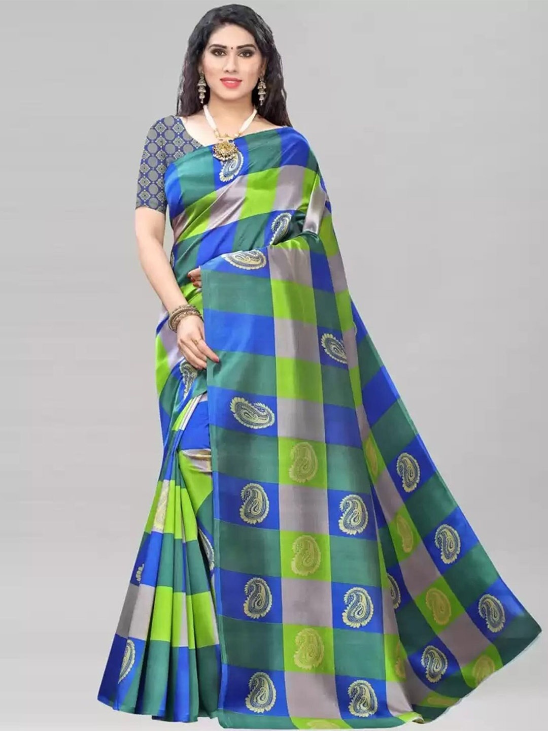 

Mitera Blue & Green Checked Banarasi Saree