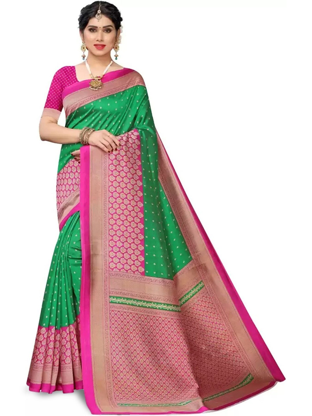 

Mitera Pink & Green Ethnic Motifs Printed Art Silk Banarasi Saree