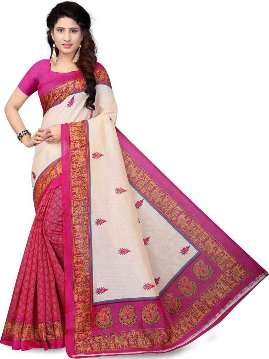 

Mitera Pink & Cream-Coloured Ethnic Motifs Printed Banarasi Saree