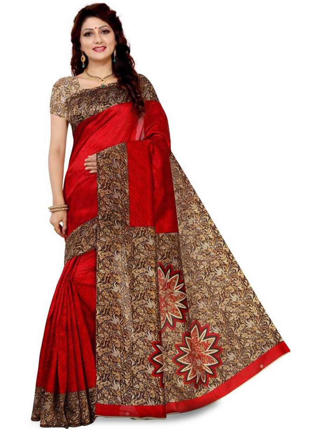

Mitera Brown & Red Ethnic Motifs Printed Art Silk Banarasi Saree