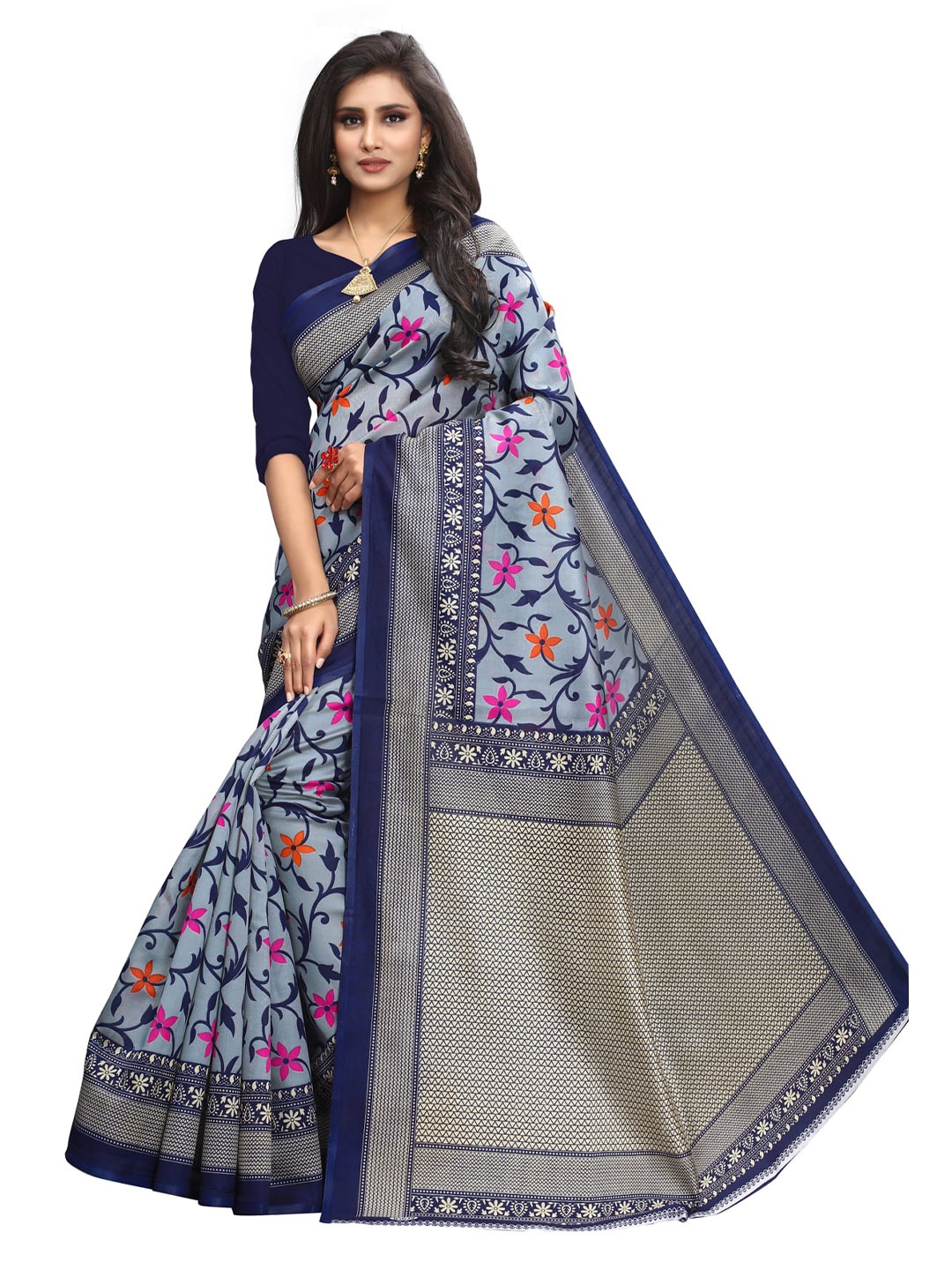 

Mitera Floral Printed Art Silk Saree, Grey