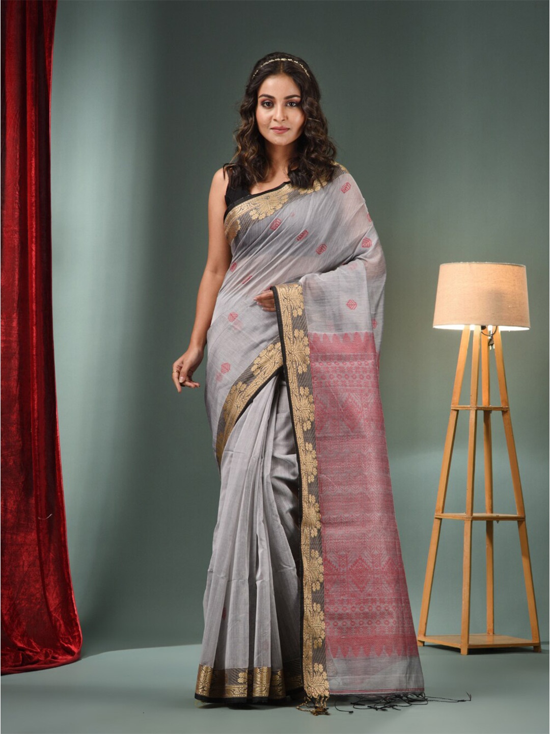

Charukriti Ethnic Motifs Woven Design Zari Saree, Grey