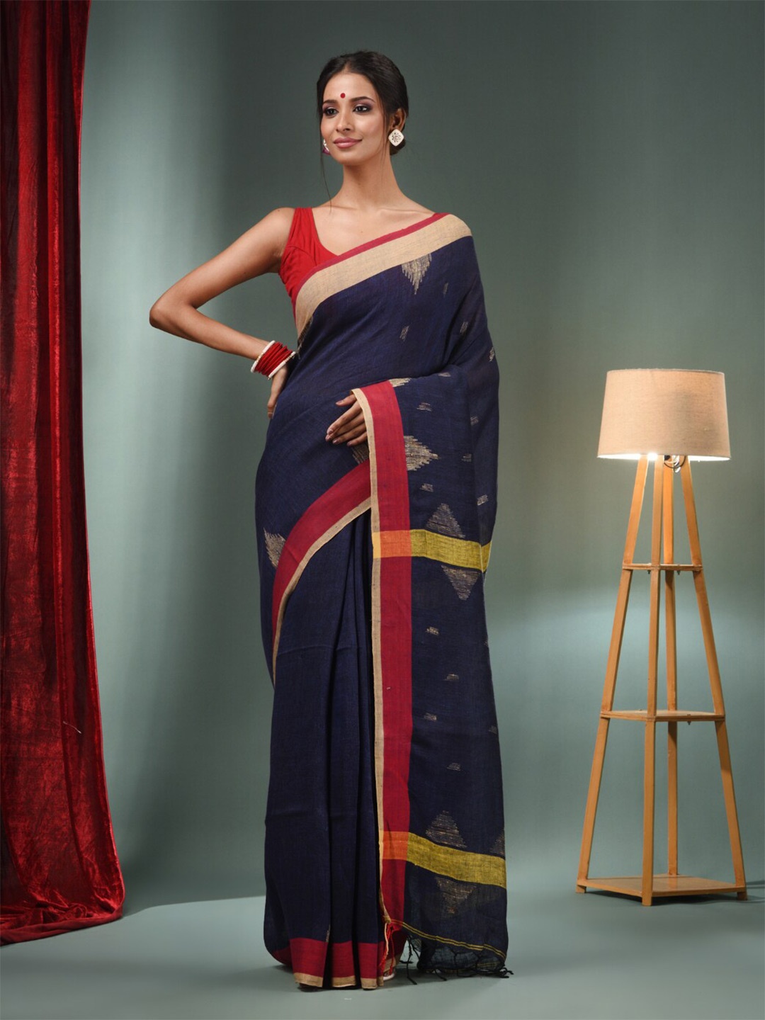 

Charukriti Ethnic Motifs Woven Design Zari Pure Linen Saree, Navy blue