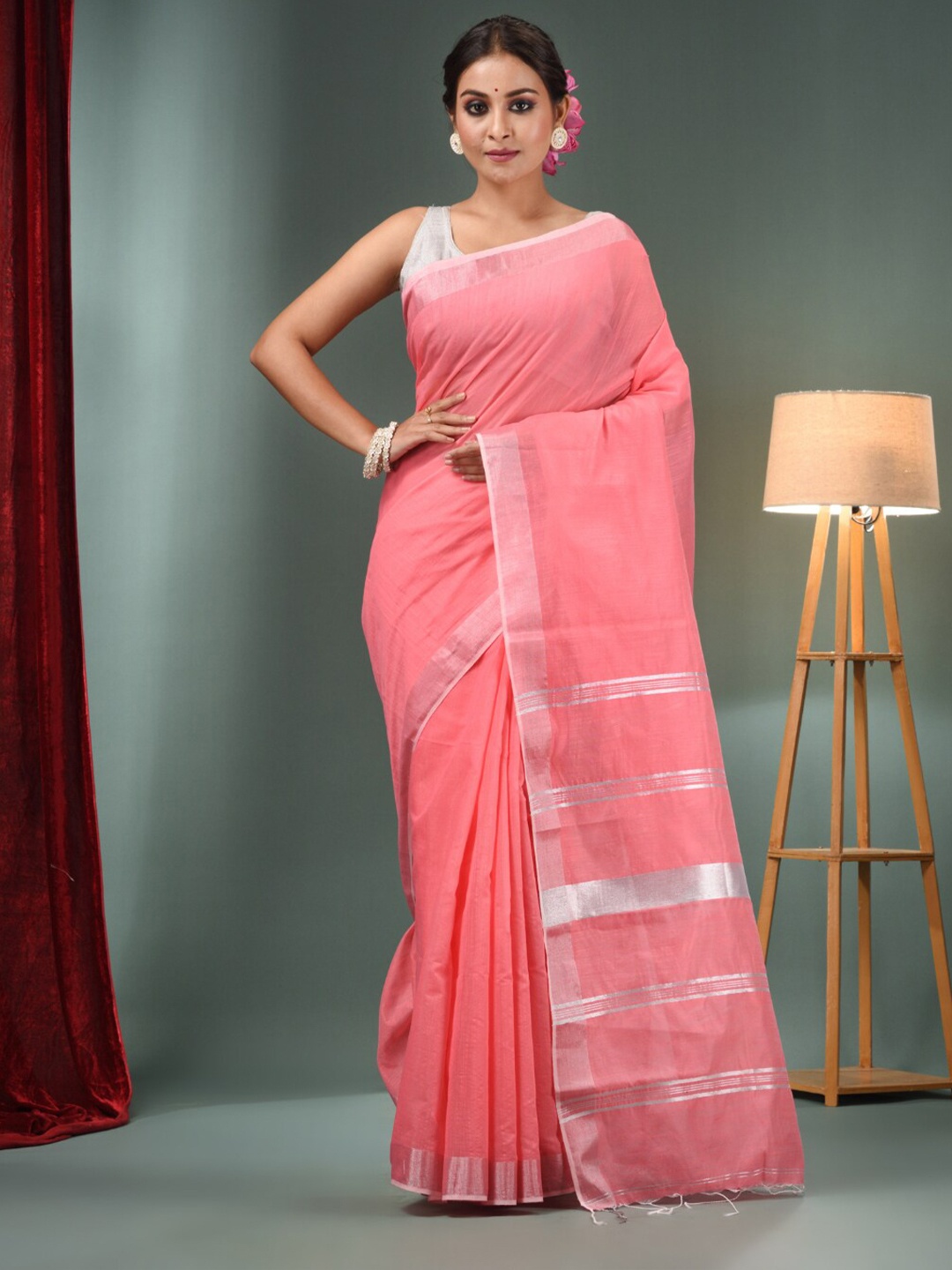 

Charukriti Zari Cotton Blend Saree, Pink