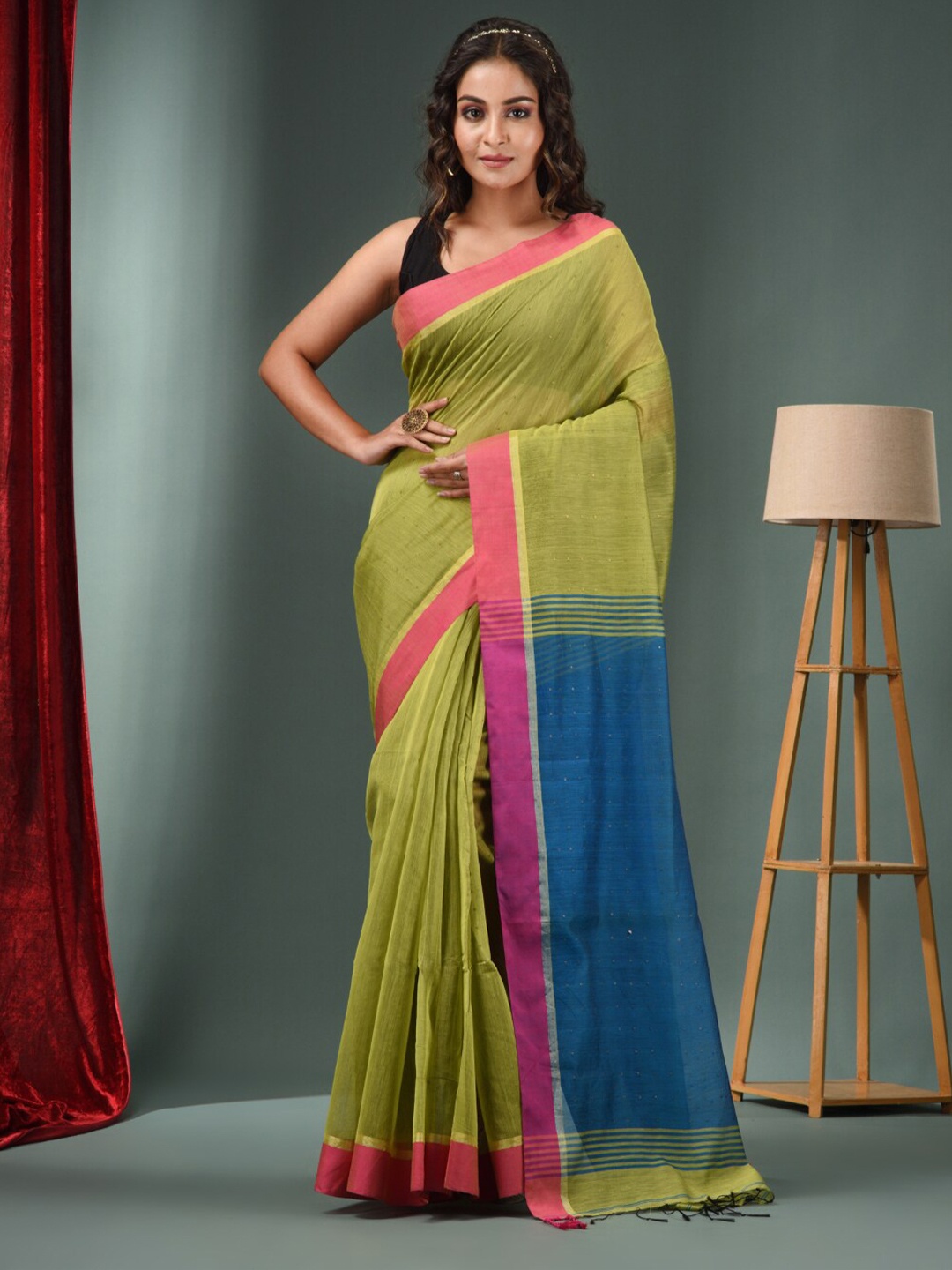 

Charukriti Striped Cotton Blend Saree, Green