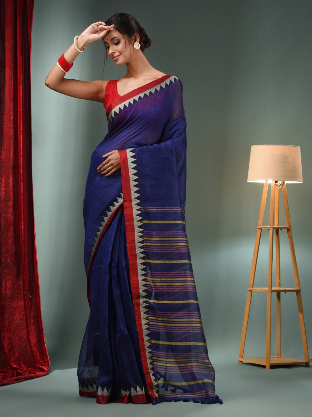 

Charukriti Geometric Woven Design Tasseled Saree, Blue