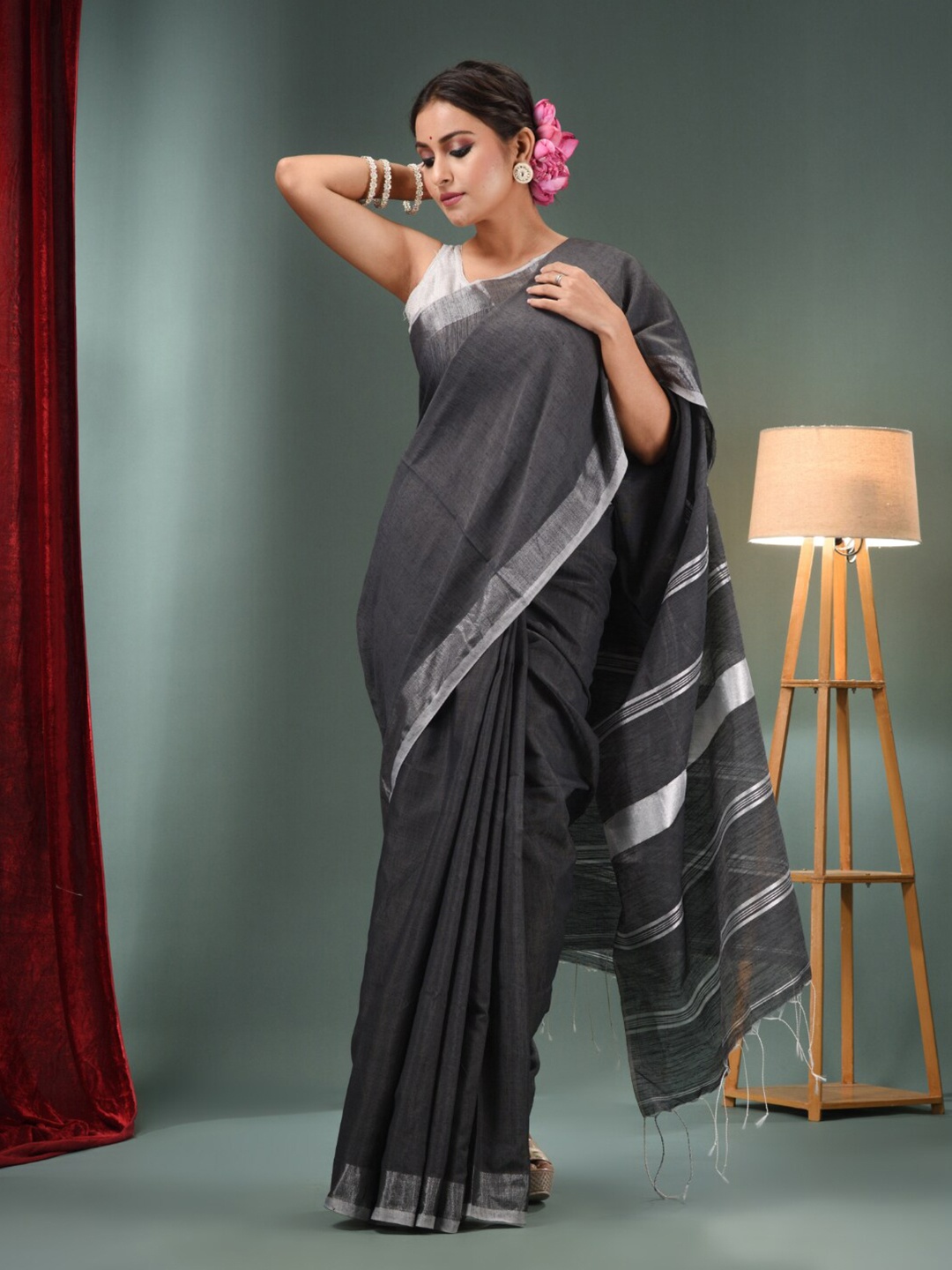 

Charukriti Tasseled Zari Saree, Grey