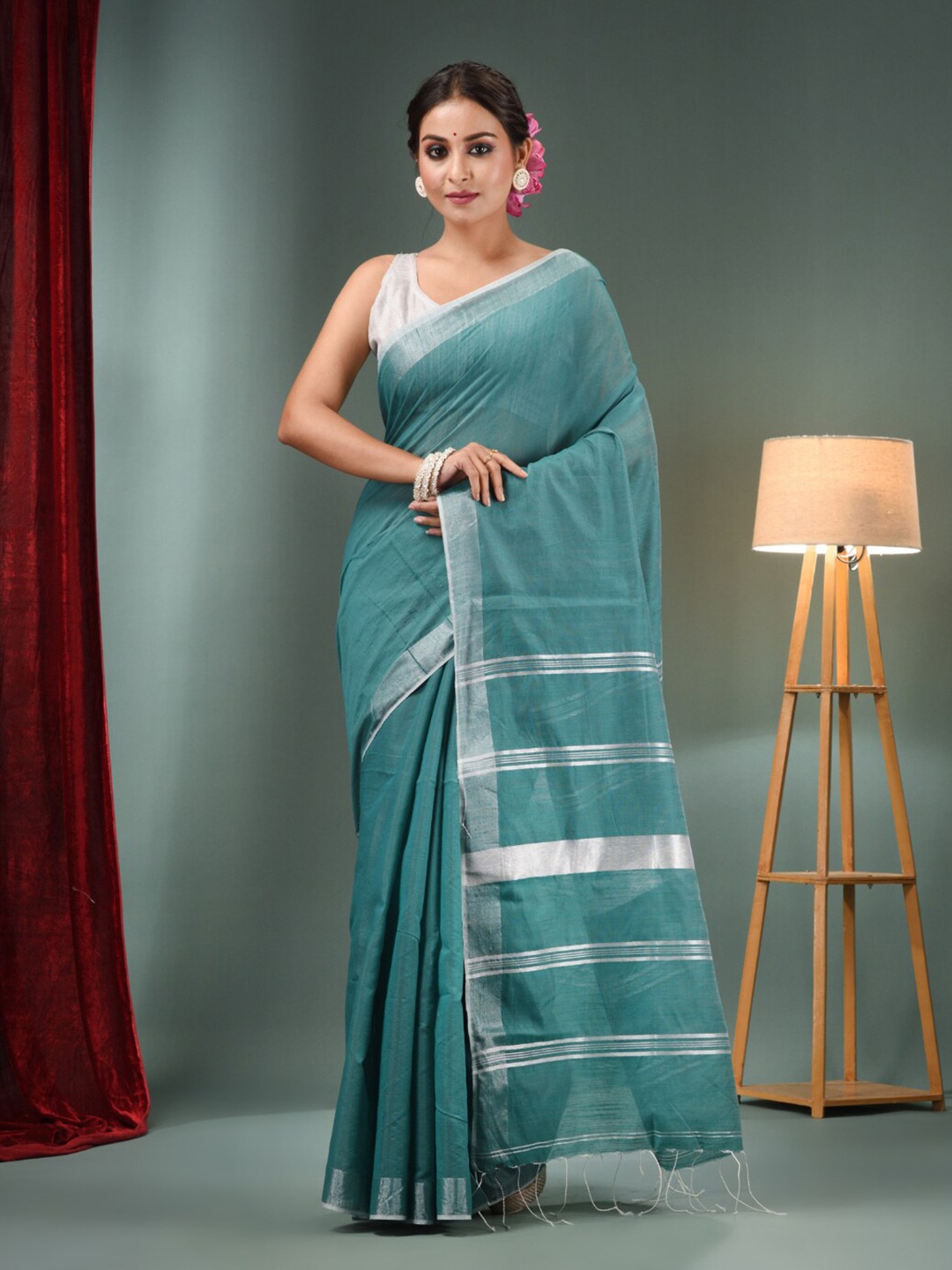 

Charukriti Zari Cotton Blend Saree, Teal