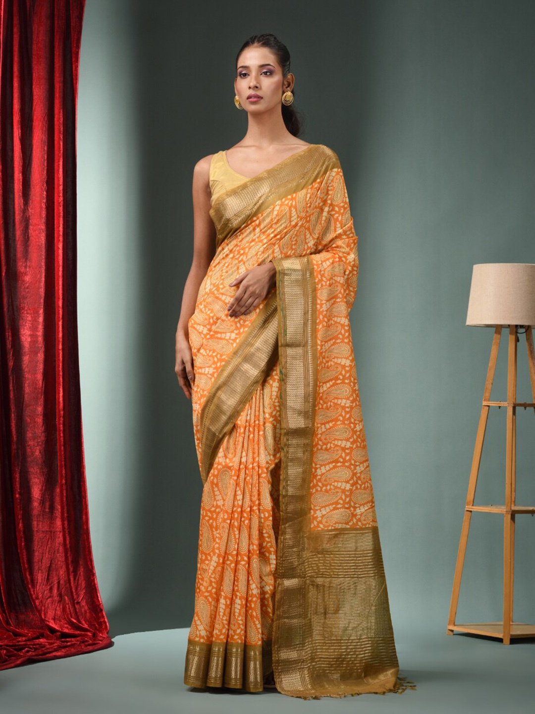 

Charukriti Paisley Printed Zari Saree, Yellow