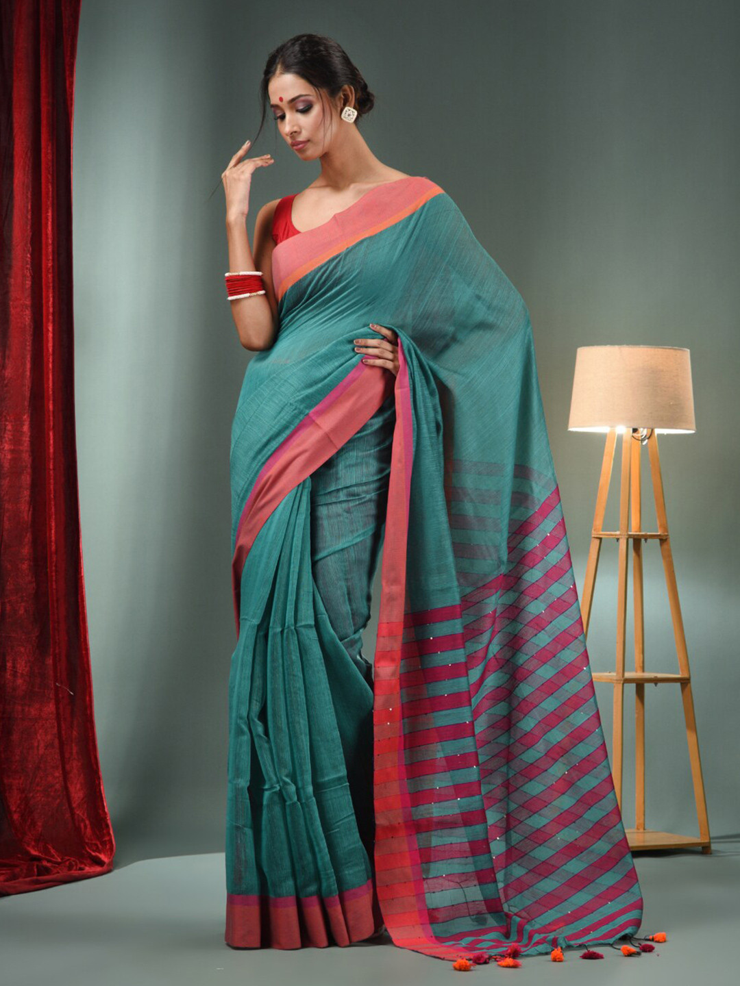 

Charukriti Striped Tesselled Border Saree, Teal