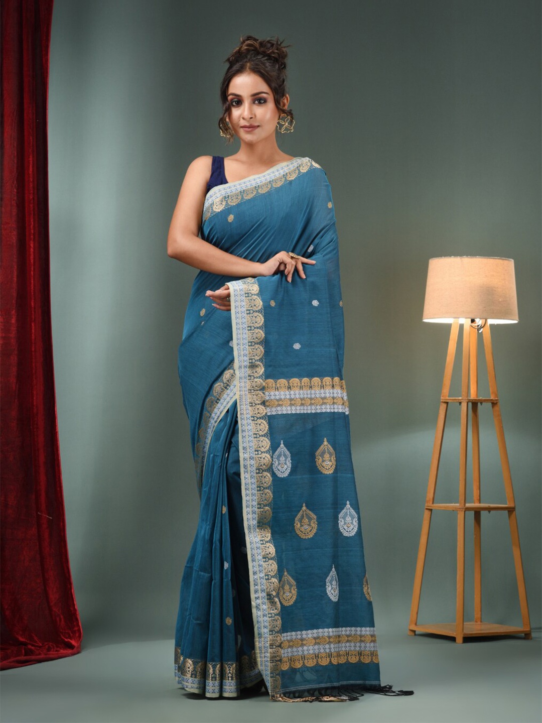 

Charukriti Ethnic Motifs Woven Design Zari Pure Cotton Saree, Blue