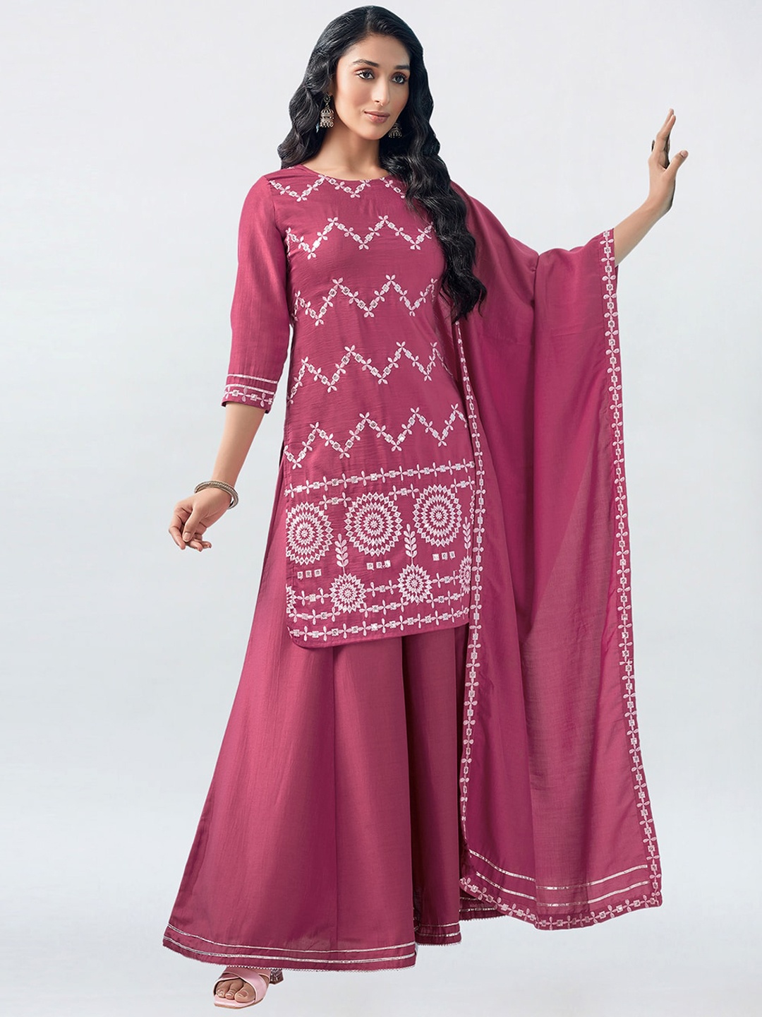 

KALINI Embroidered Thread Work Kurta With Sharara & Dupatta, Pink