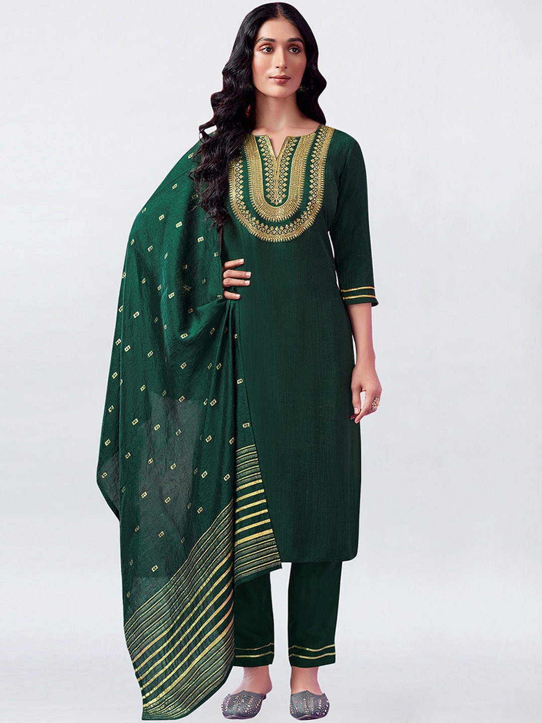 

KALINI Ethnic Motifs Yoke Design Regular Thread Work Kurta With Trousers & Dupatta, Green