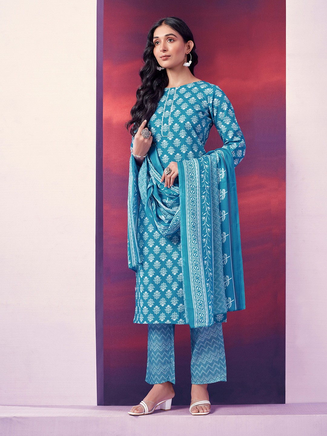 

KALINI Ethnic Motifs Printed Regular Kurta With Trousers & Dupatta, Turquoise blue