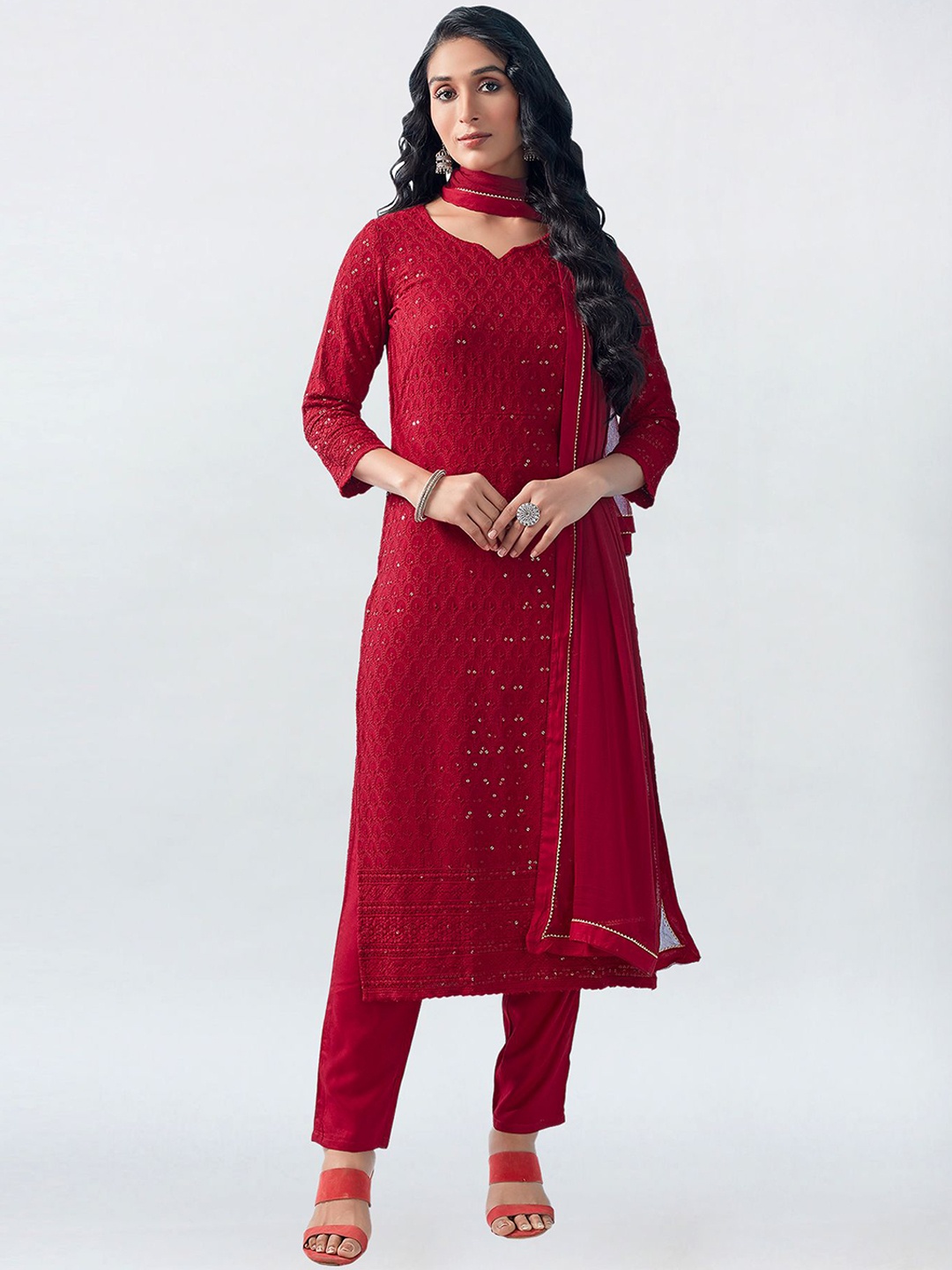 

KALINI Floral Embroidered Regular Sequinned Kurta With Trousers & Dupatta, Maroon