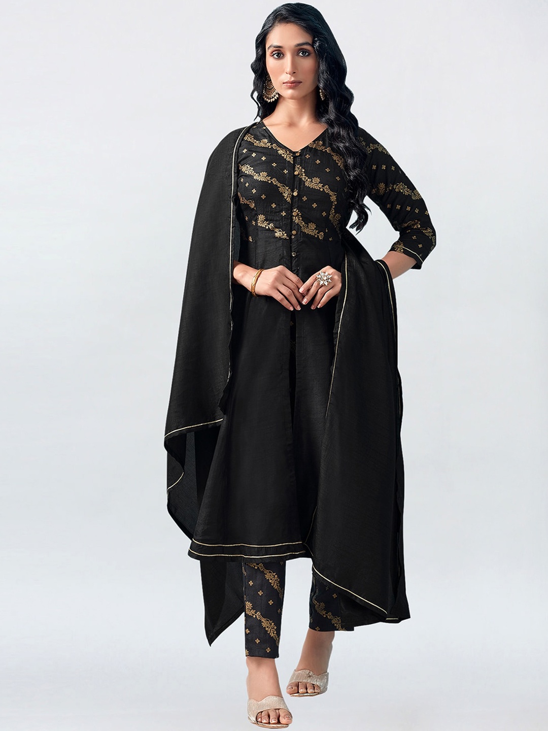 

KALINI Floral Yoke Design A-Line Kurta with Trousers & With Dupatta, Black