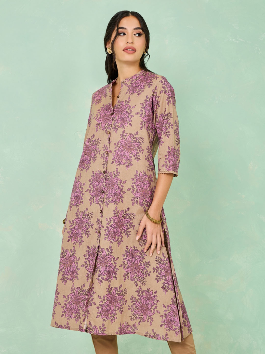 

Styli Beige & Purple Floral Printed Mandarin Collar A-Line Kurta