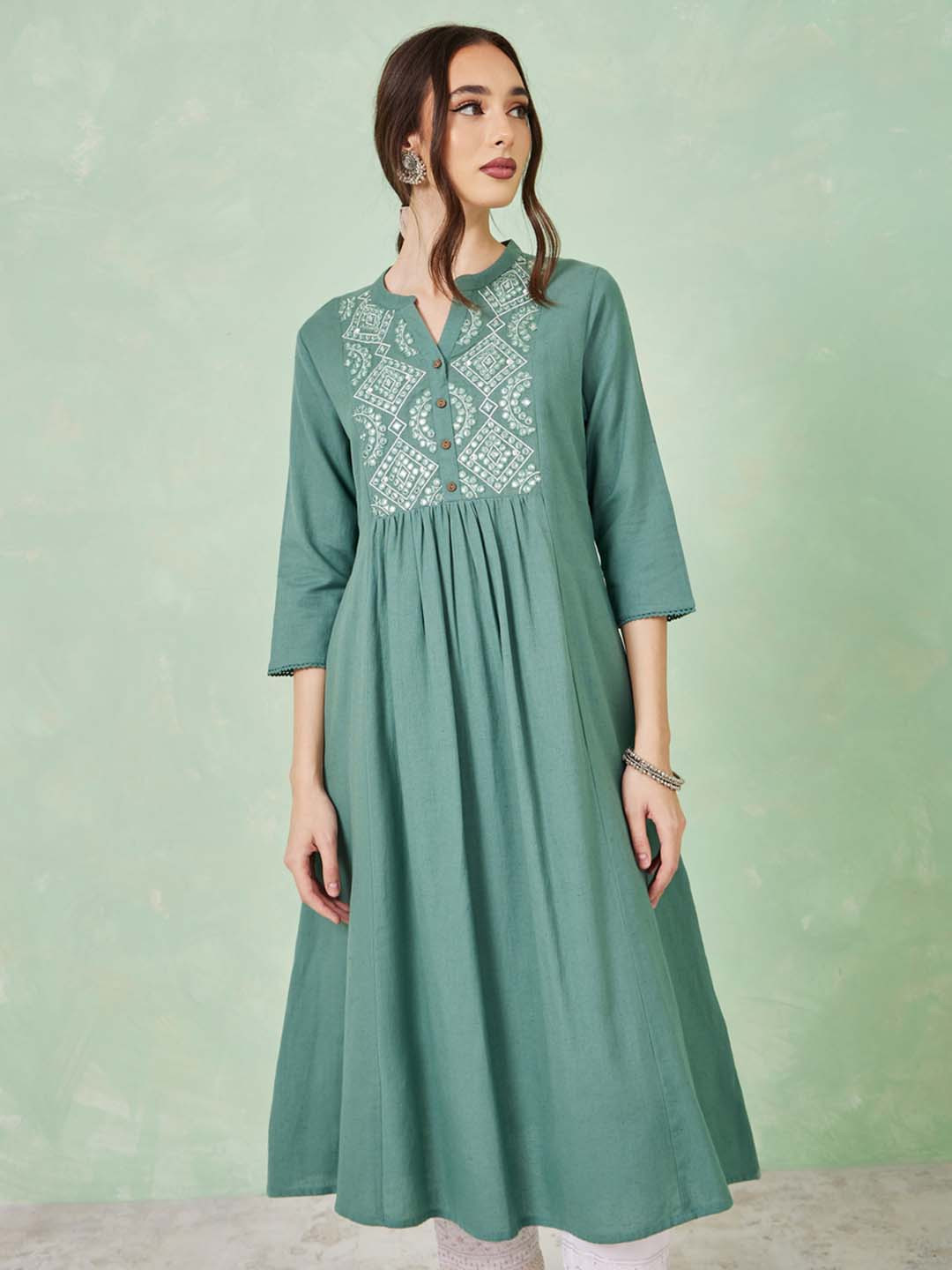 

Styli Blue Ethnic Motifs Yoke Design Mandarin Collar Mirror Work Cotton Anarkali Kurta