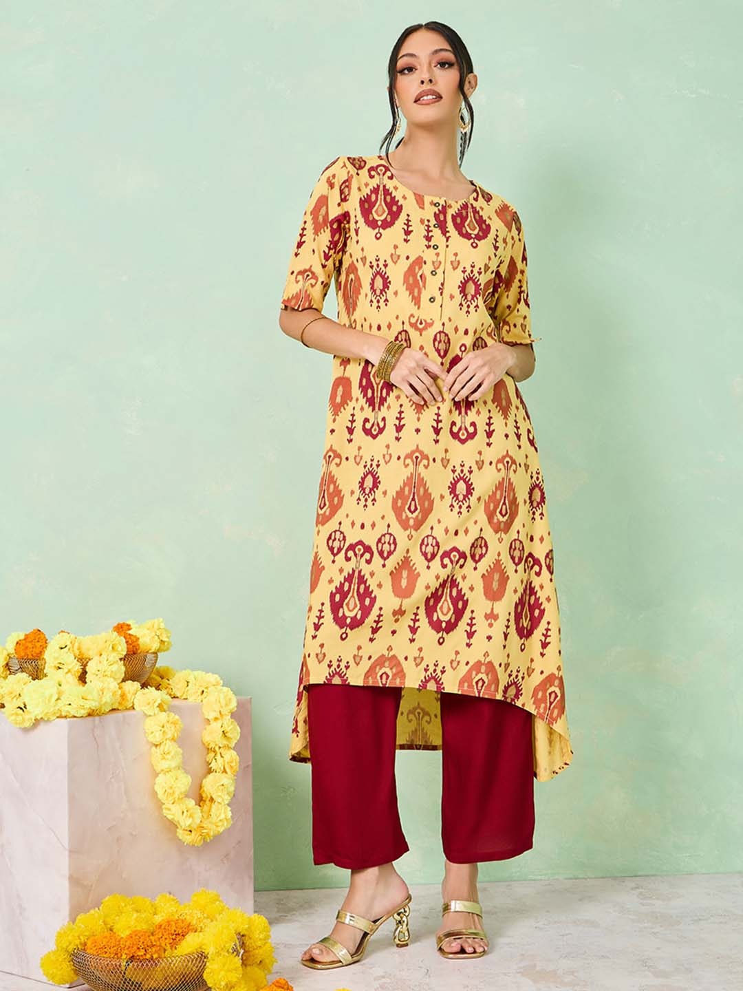 

Styli Yellow Ethnic Motifs Ikat Printed Roll-Up Sleeves High Low Kurta