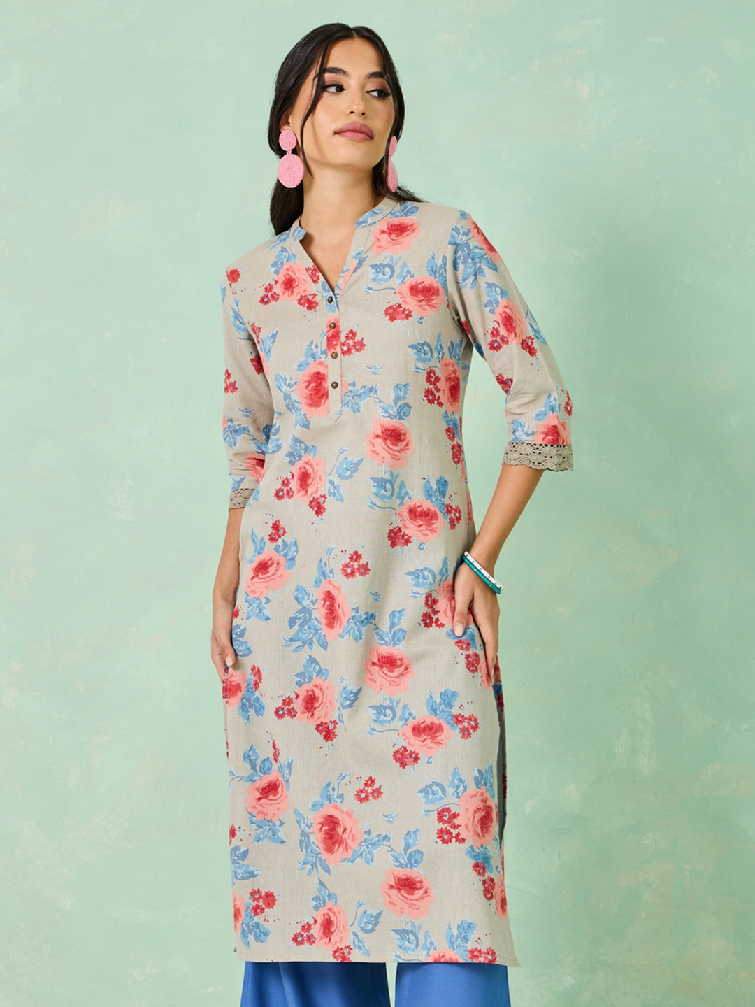 

Styli Grey Floral Printed Mandarin Collar Kurta