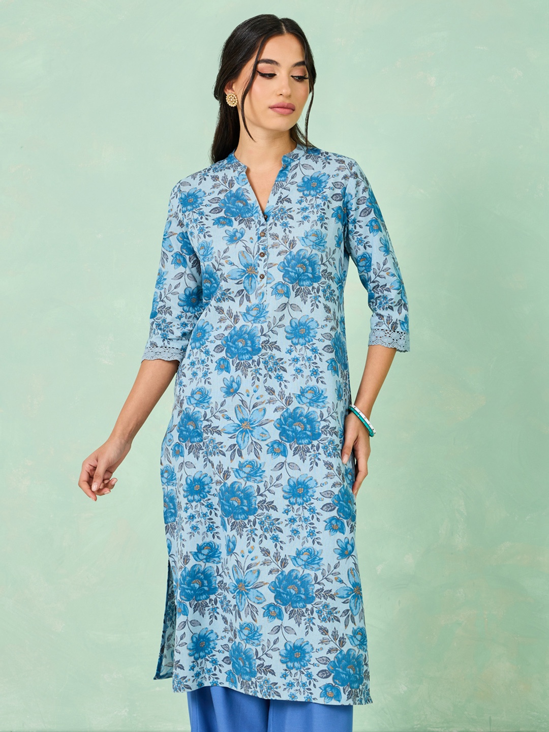 

Styli Floral Printed Mandarin Collar Cotton Straight Kurta, Blue