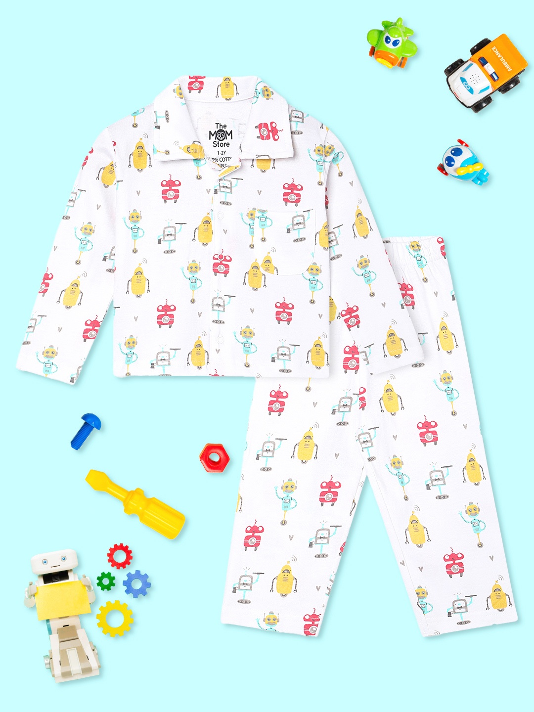 

The Mom Store Kids Conversational Printed Pure Cotton Shirt With Pyjama, White
