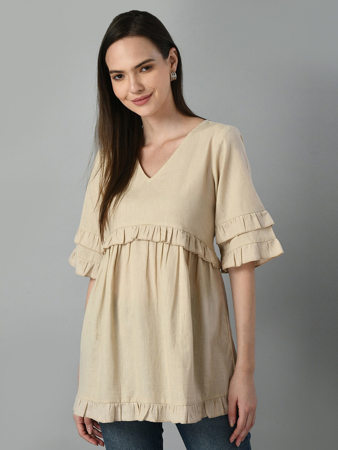 

TAKI TAKI V-Neck Flared Sleeves Tunic, Beige