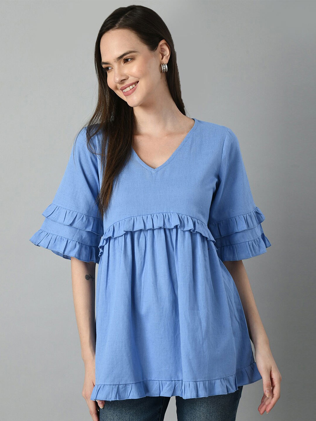 

TAKI TAKI V-Neck Flared Sleeves Tunic, Blue