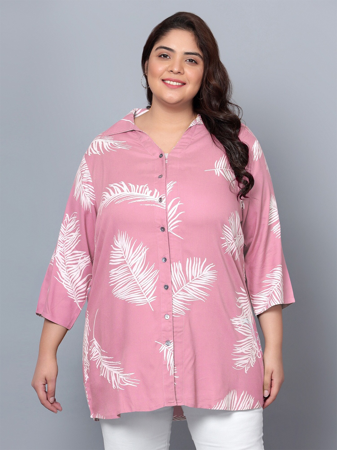 

Indietoga Plus Size Classic Pink Printed Viscose Rayon Longline Shirt